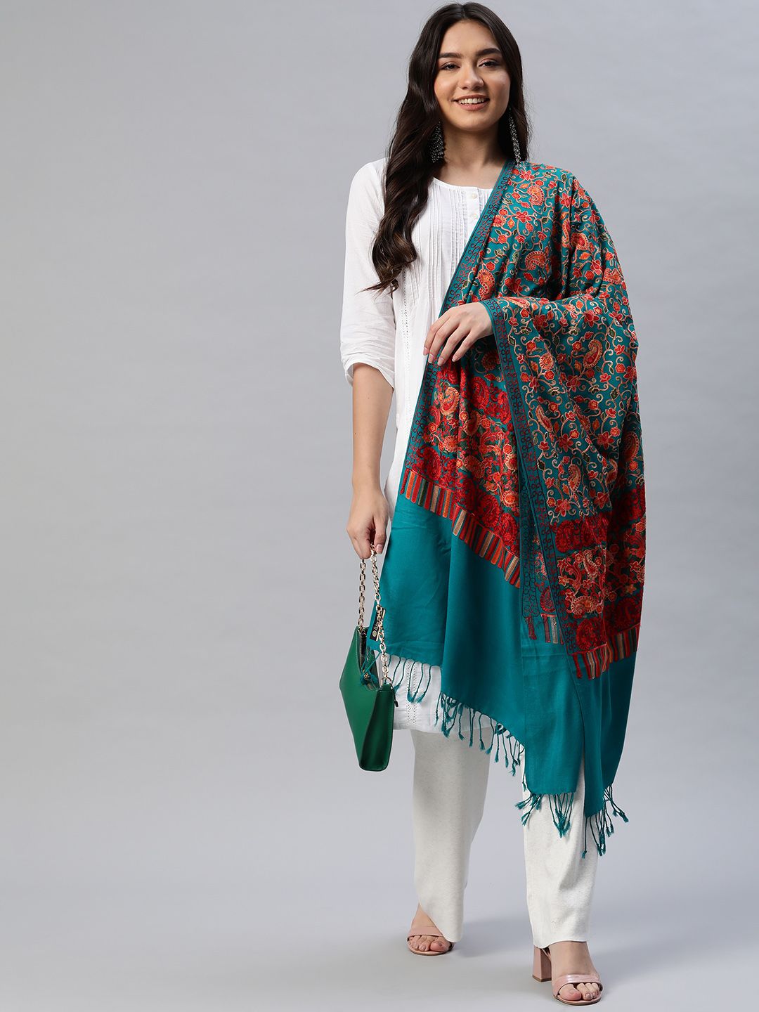 WEAVERS VILLA Women Green Printed Shawl Price in India