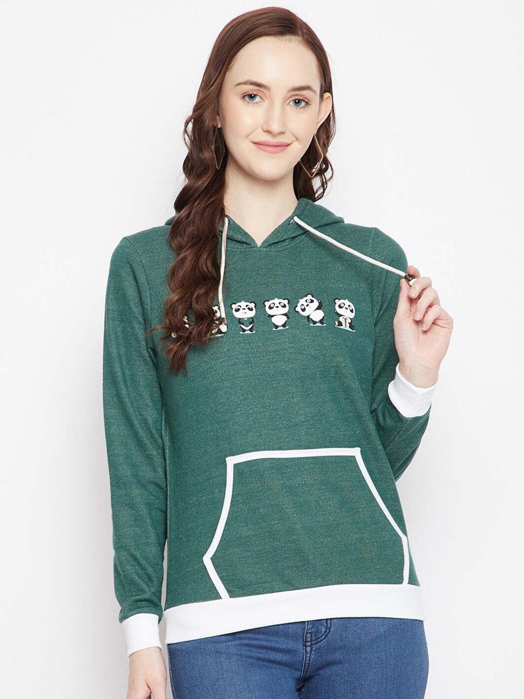 HARBORNBAY Women Green & White Printed Hooded Sweatshirt Price in India