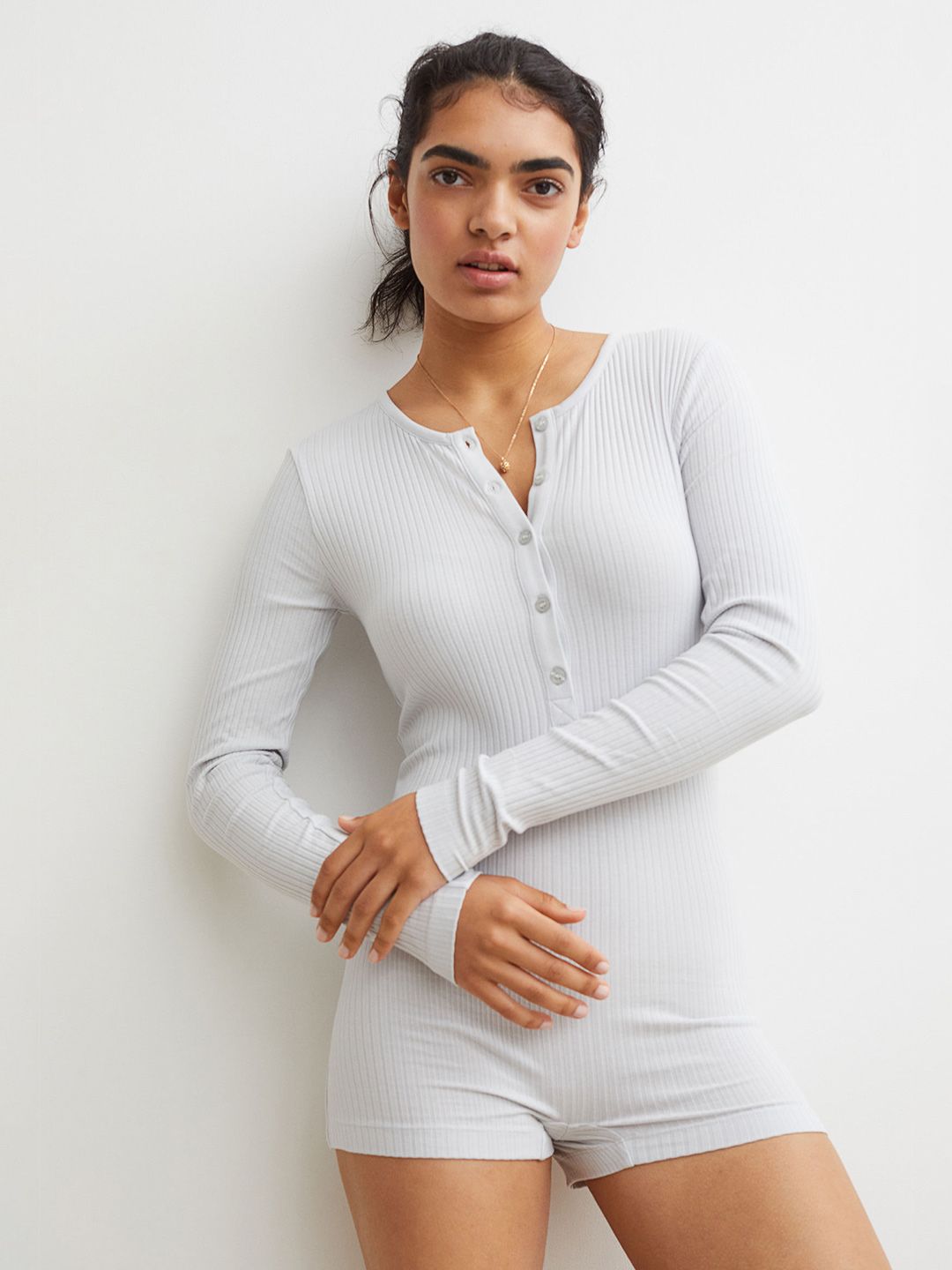 H&M Women Blue Ribbed Modal-Blend Playsuit Price in India