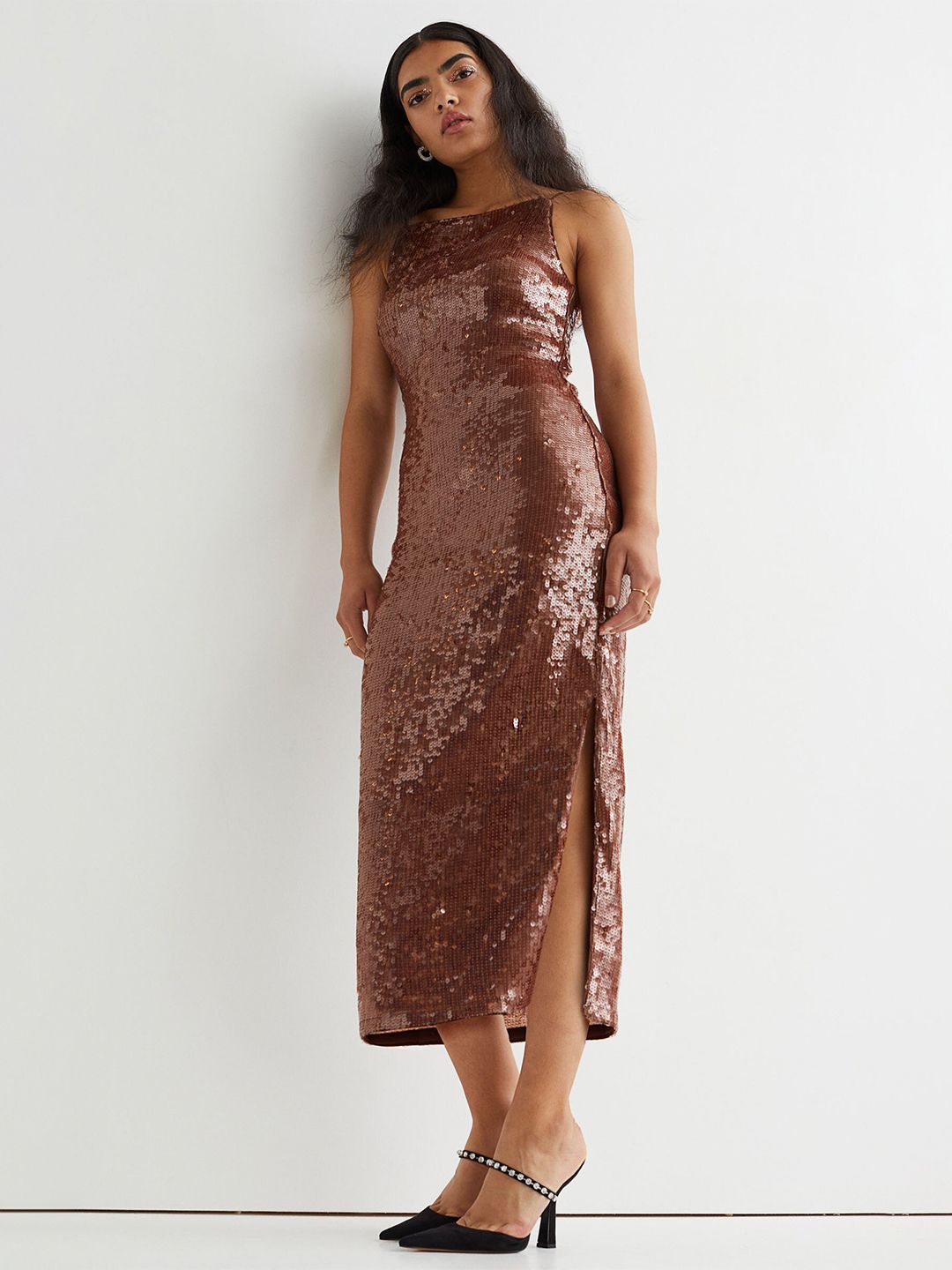 H&M Women Brown Midi A-Line Sequined Slit-Detail Dress Price in India