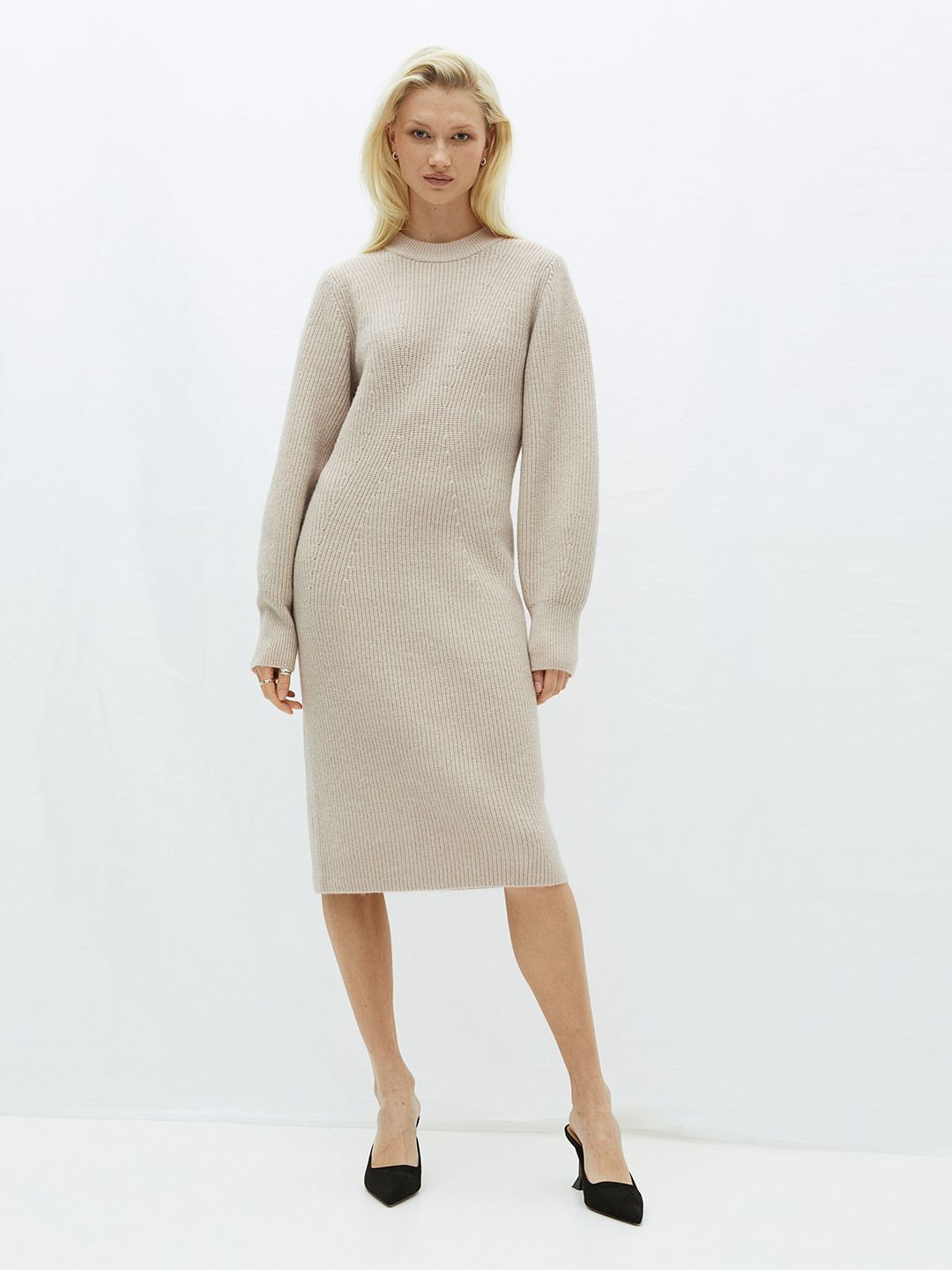 H&M Women Grey Rib-Knit Sweater Dress Price in India
