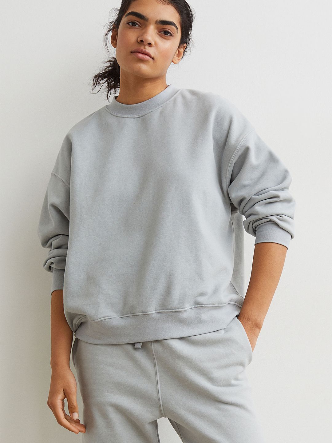 H&M Women Grey Oversized cotton-blend sweatshirt Price in India