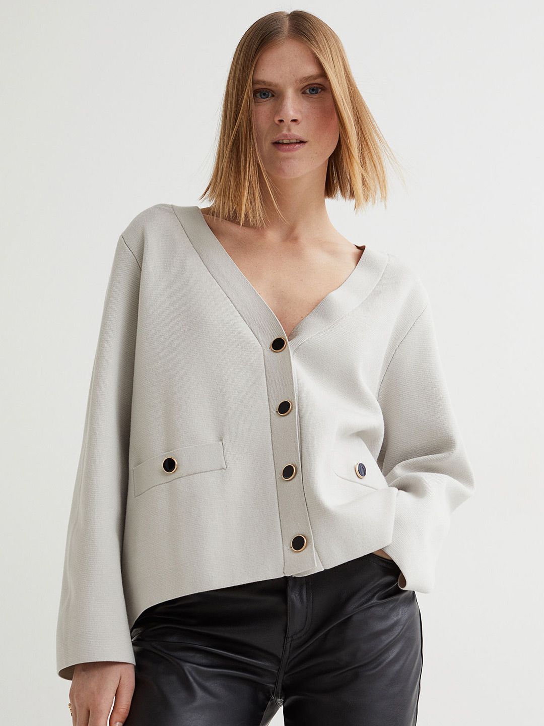 H&M Women Grey Solid Boxy-Style Cardigan Price in India