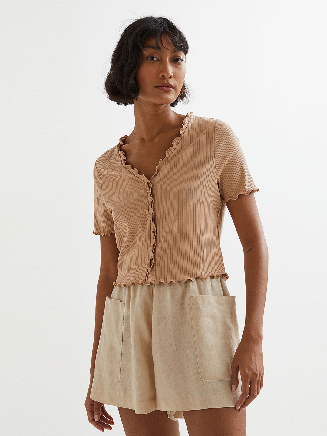 H&M Women Beige Ribbed Cropped Cardigan Price in India