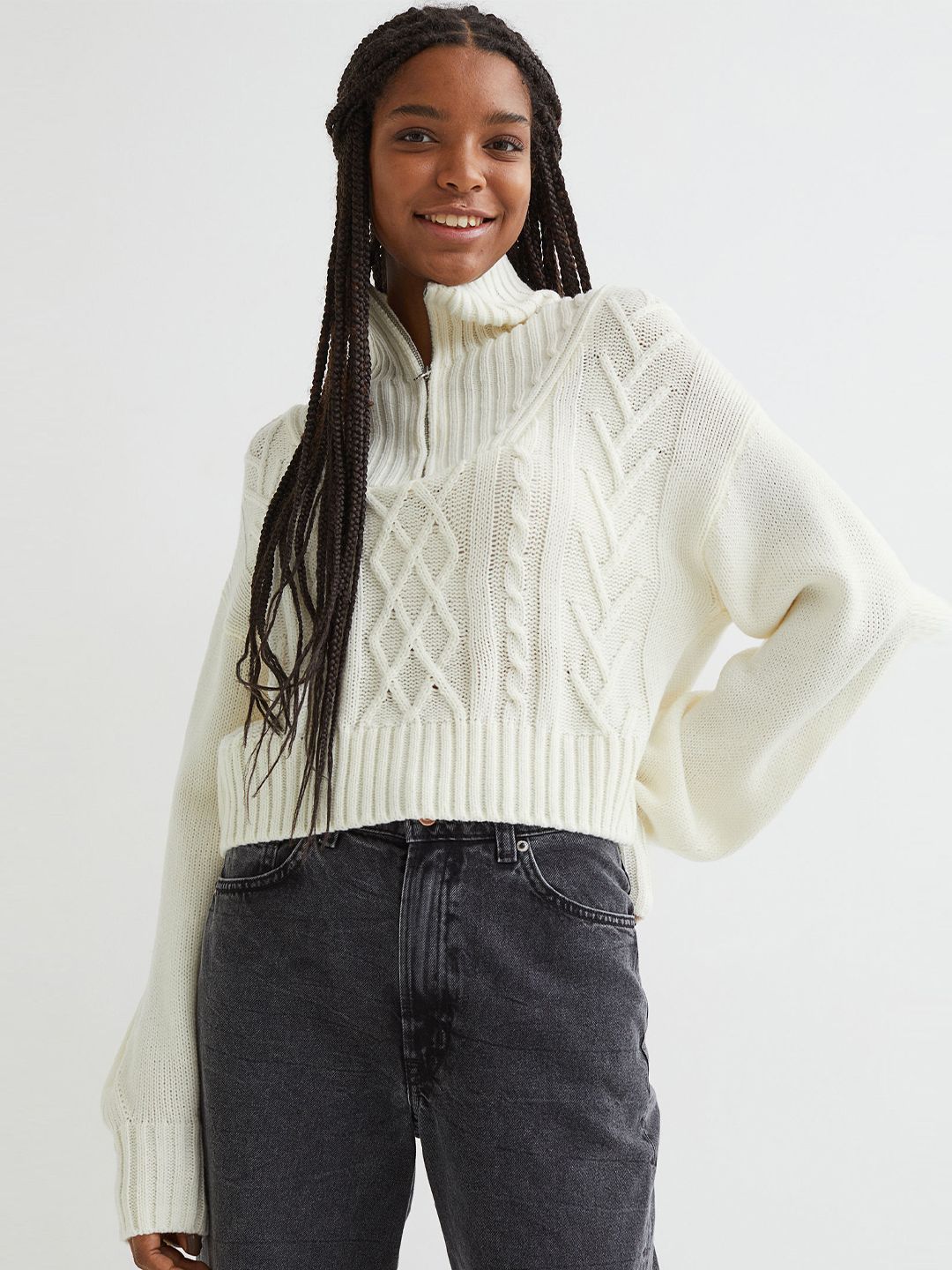 H&M Women White Cable Knitted Collared Jumper Price in India