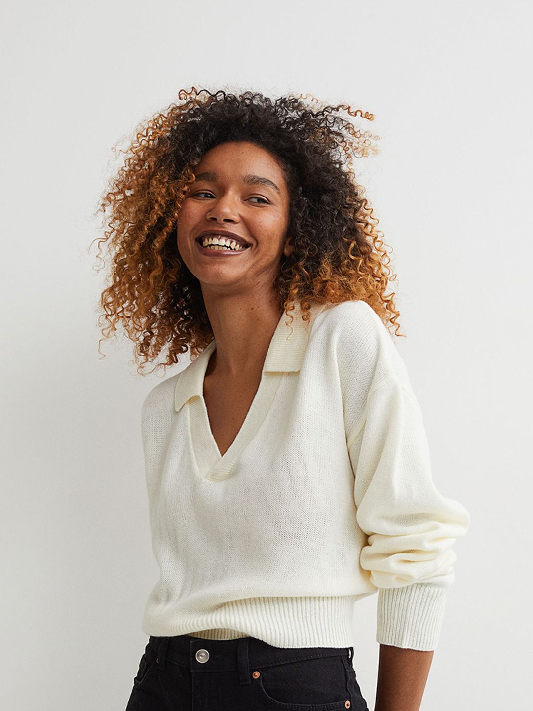 H&M  Women White Solid Collared Jumper Price in India