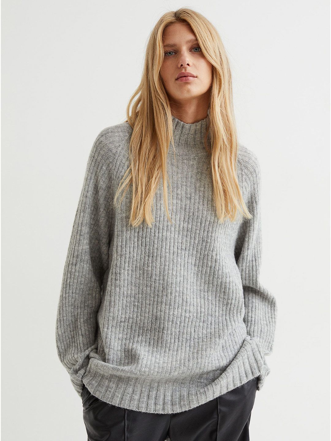 H&M Women Grey Ribbed Longline Jumper Price in India