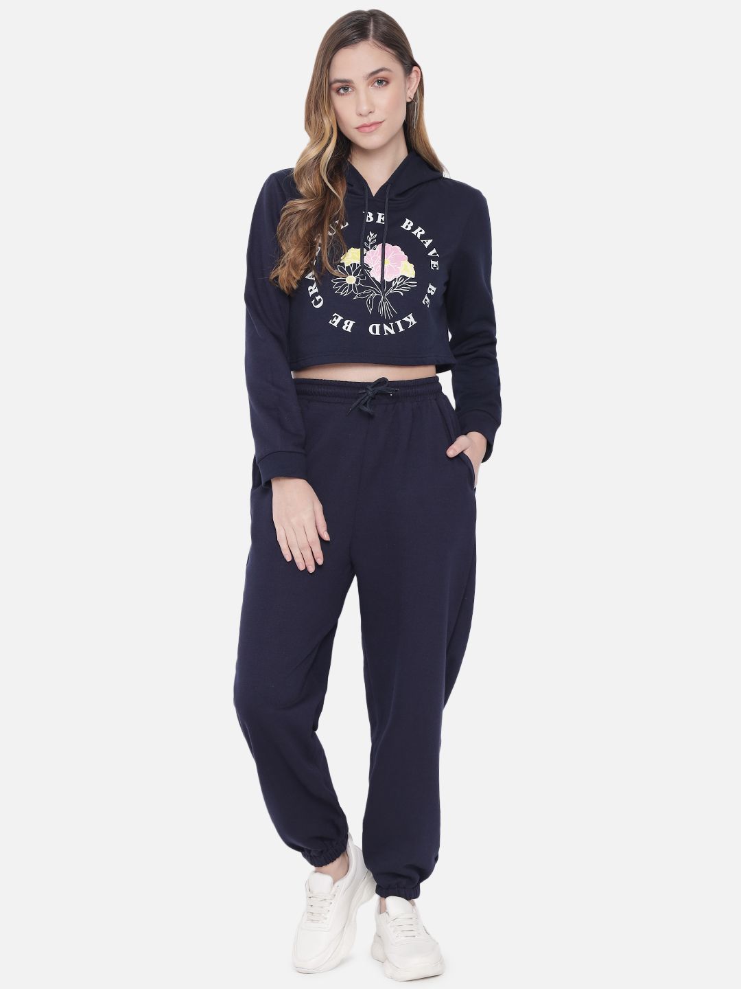 Orchid Blues Women Navy Blue Printed Hooded Sweatshirt Price in India