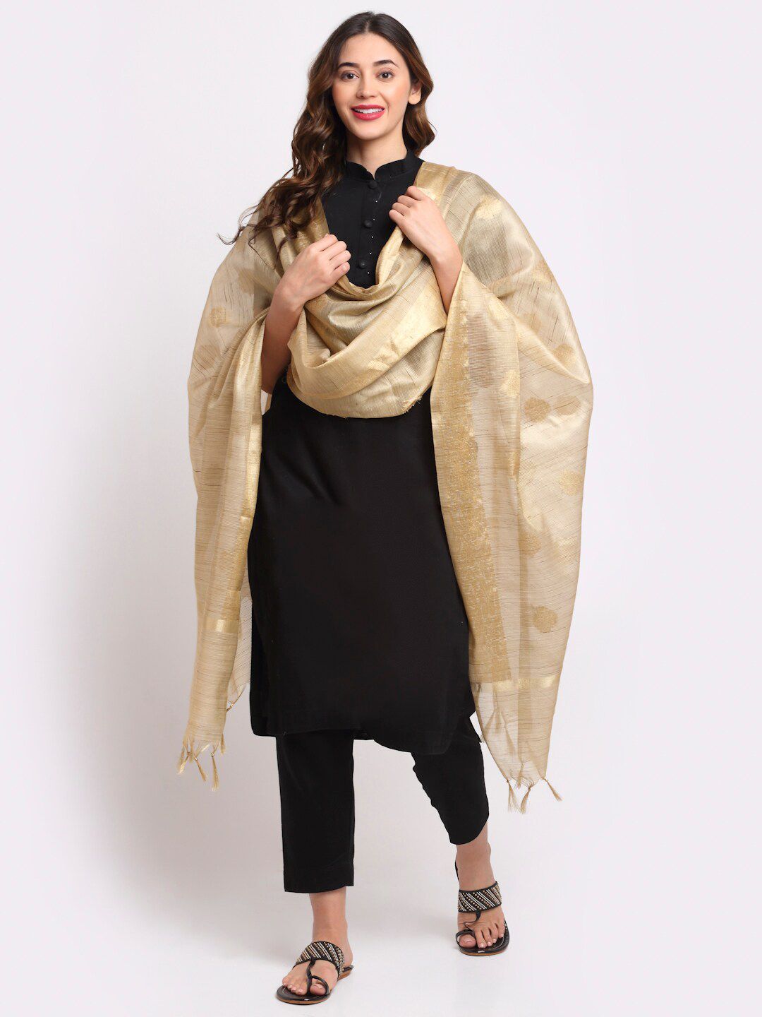 LOOM LEGACY Gold-Toned Ethnic Motifs Woven Design Dupatta with Zari Price in India