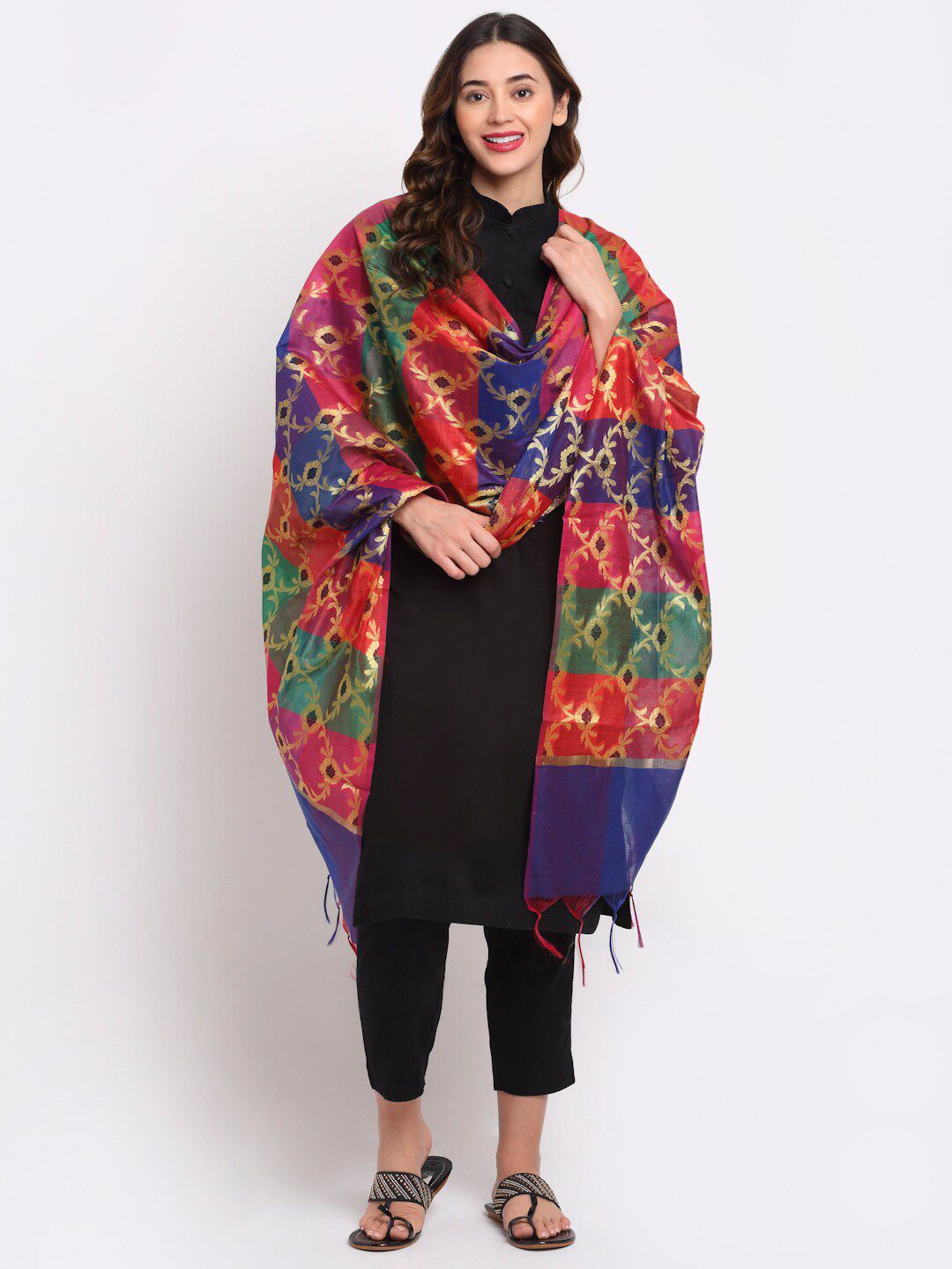 LOOM LEGACY Blue & Green Woven Design Dupatta with Zari