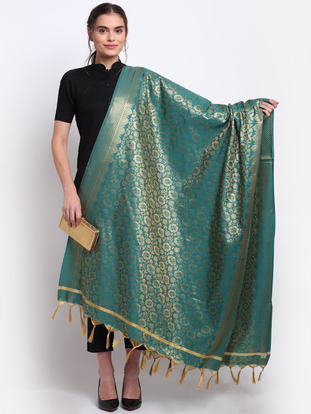LOOM LEGACY Turquoise Blue & Gold-Toned Woven Design Dupatta with Zari Price in India