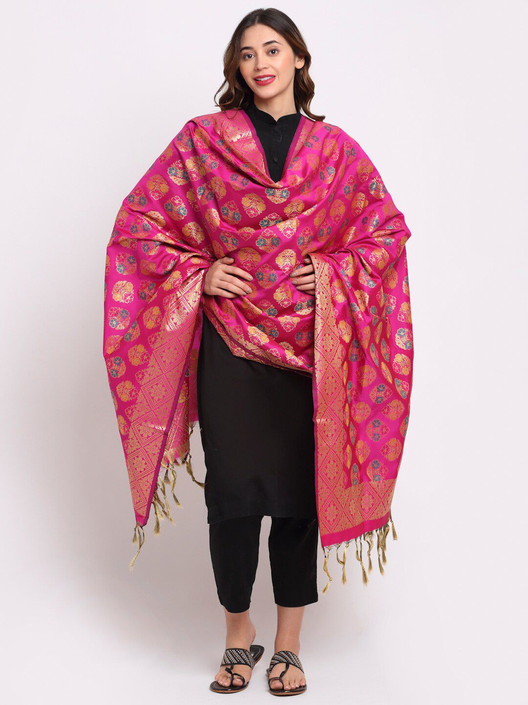 LOOM LEGACY Pink & Blue Ethnic Motifs Woven Design Dupatta with Zari Price in India