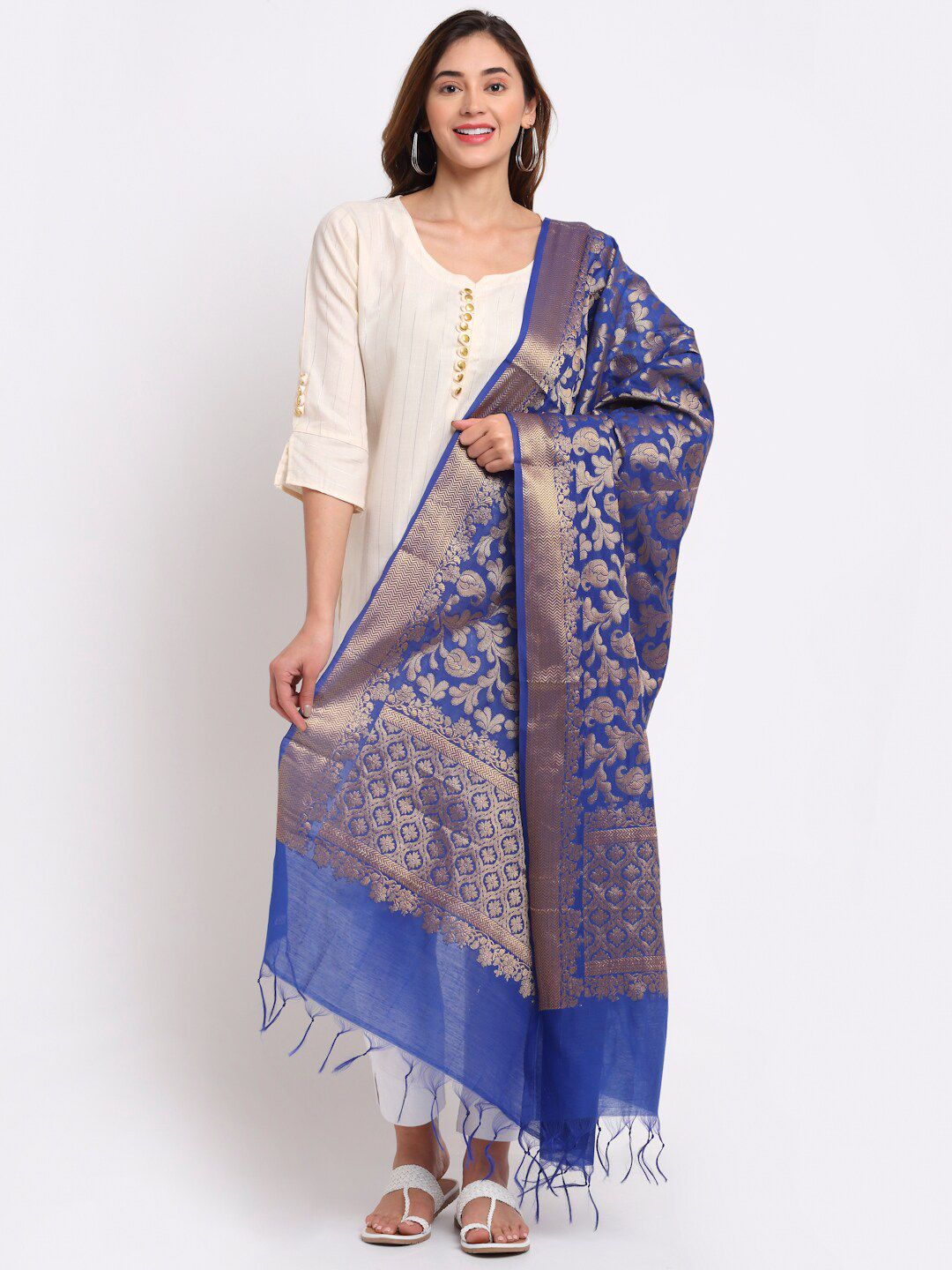 LOOM LEGACY Blue & Gold-Toned Ethnic Motifs Woven Design Dupatta with Zari Price in India