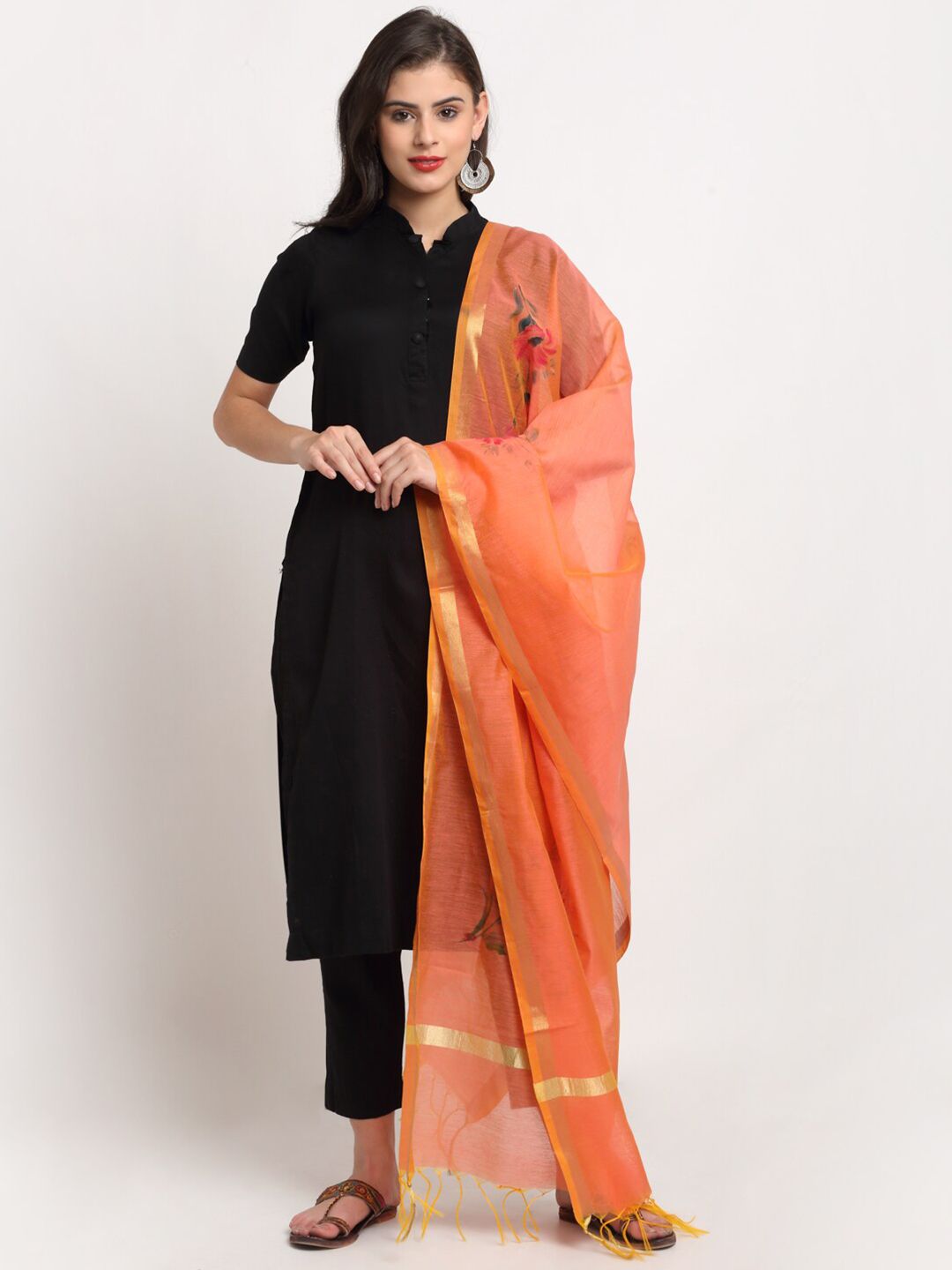 LOOM LEGACY Orange Printed Cotton Silk Dupatta with Zari Price in India