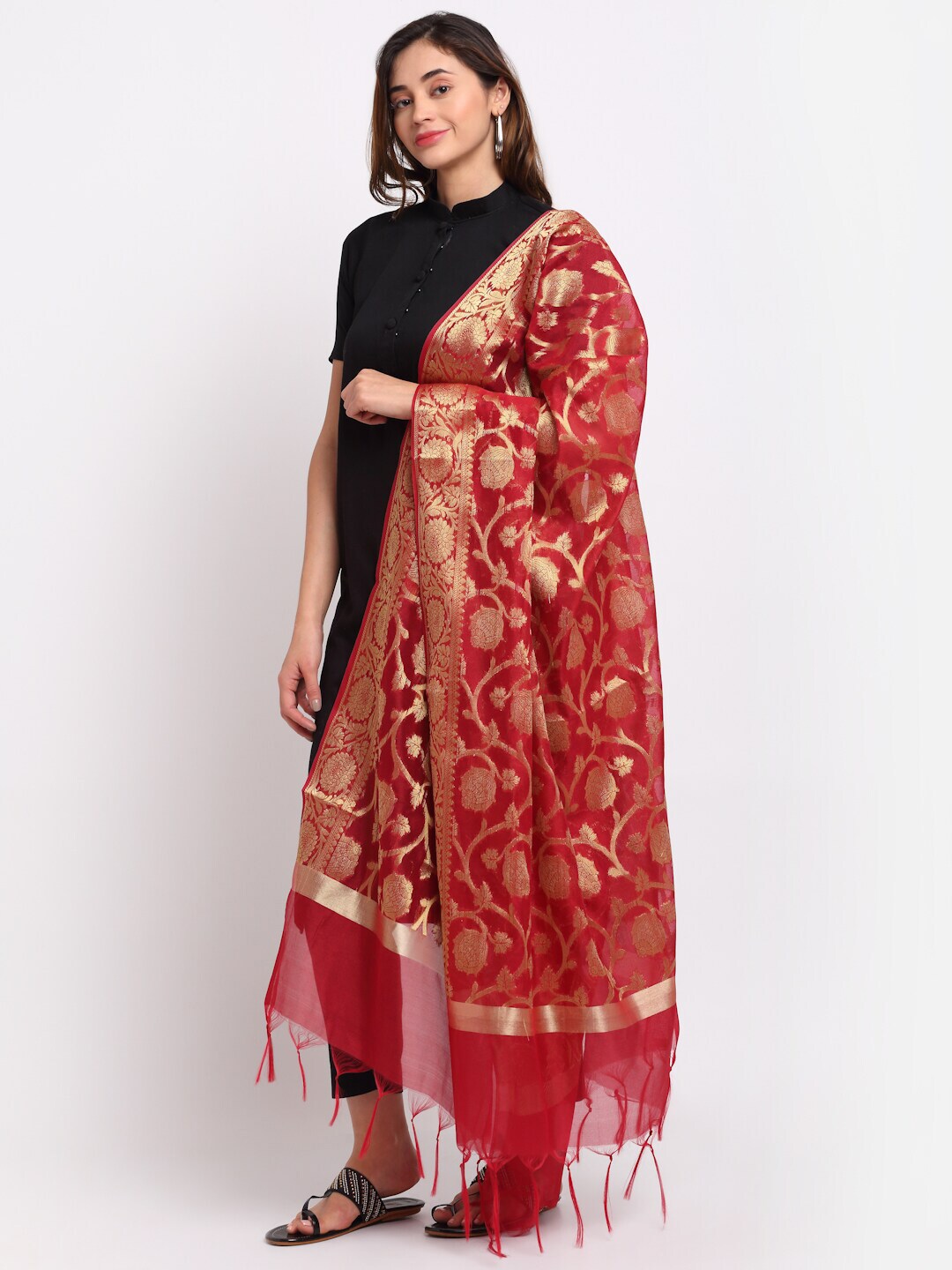 LOOM LEGACY Red & Gold-Toned Woven Design Dupatta with Zari Price in India
