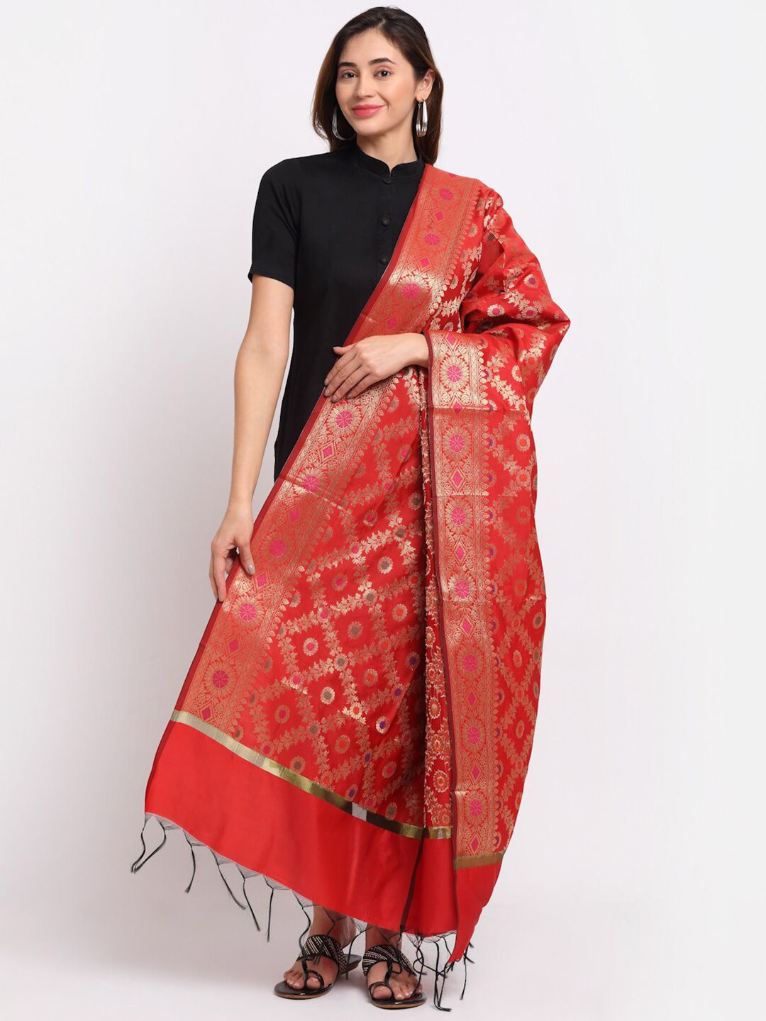 LOOM LEGACY Red & Gold-Toned Ethnic Motifs Banarsi Silk Jacquard Dupatta with Zari