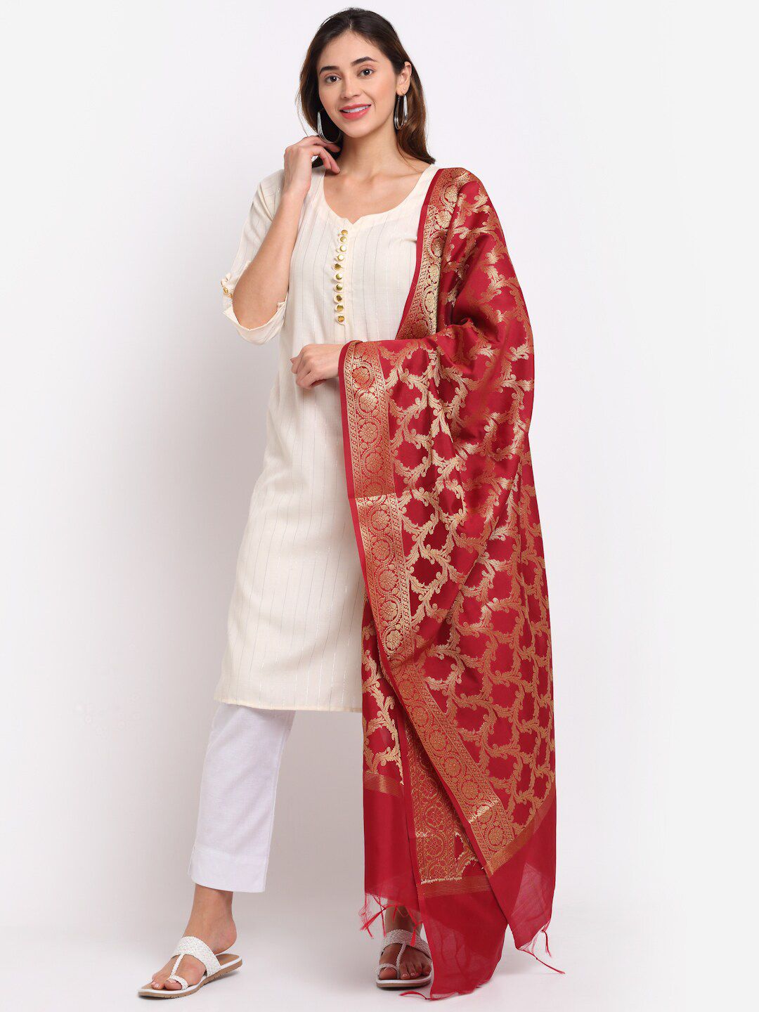 LOOM LEGACY Maroon & Gold-Toned Ethnic Motifs Woven Design Dupatta with Zari