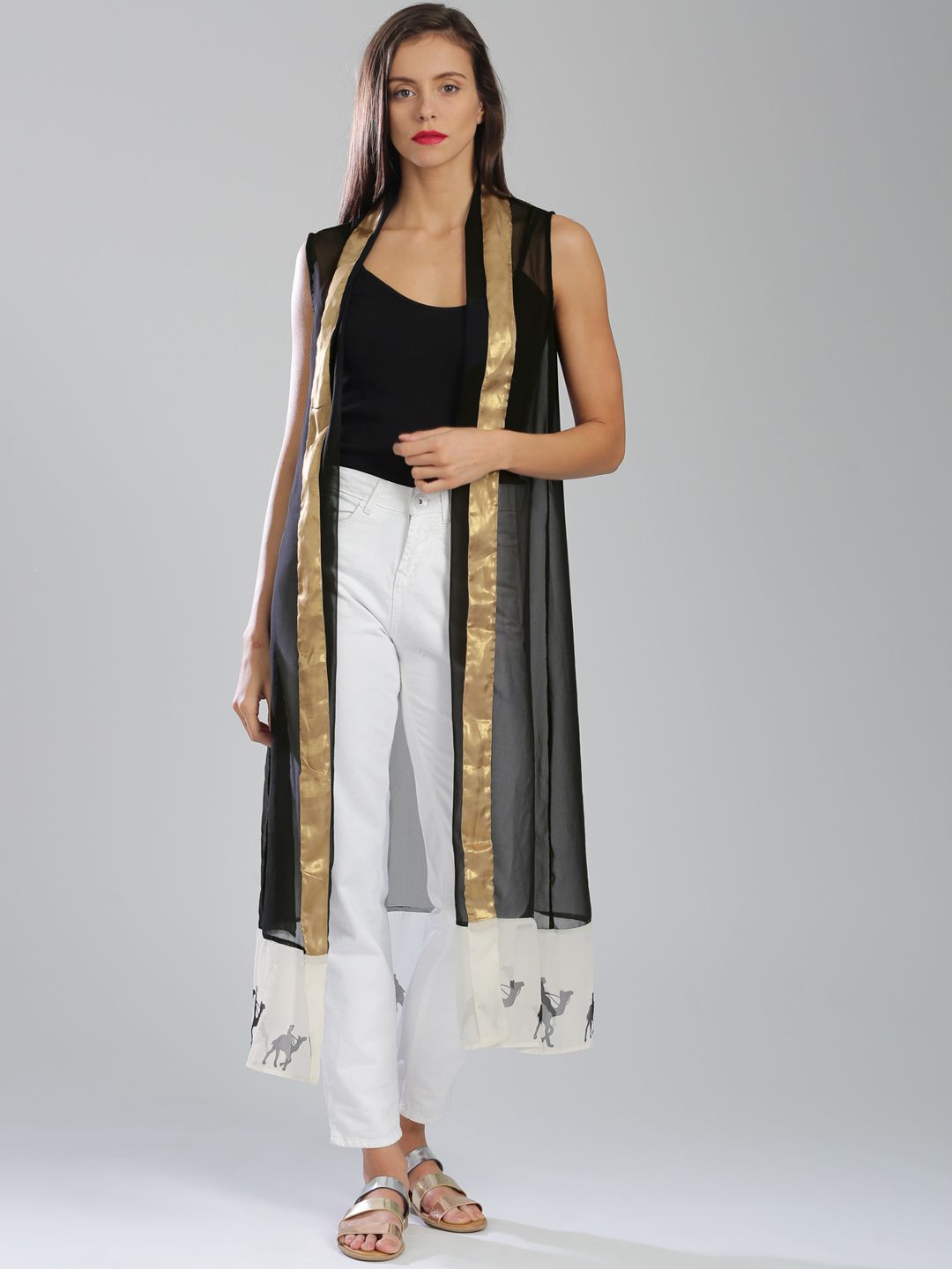 W Black Sleeveless Front Open Longline Sheer Ethnic Jacket Price in India