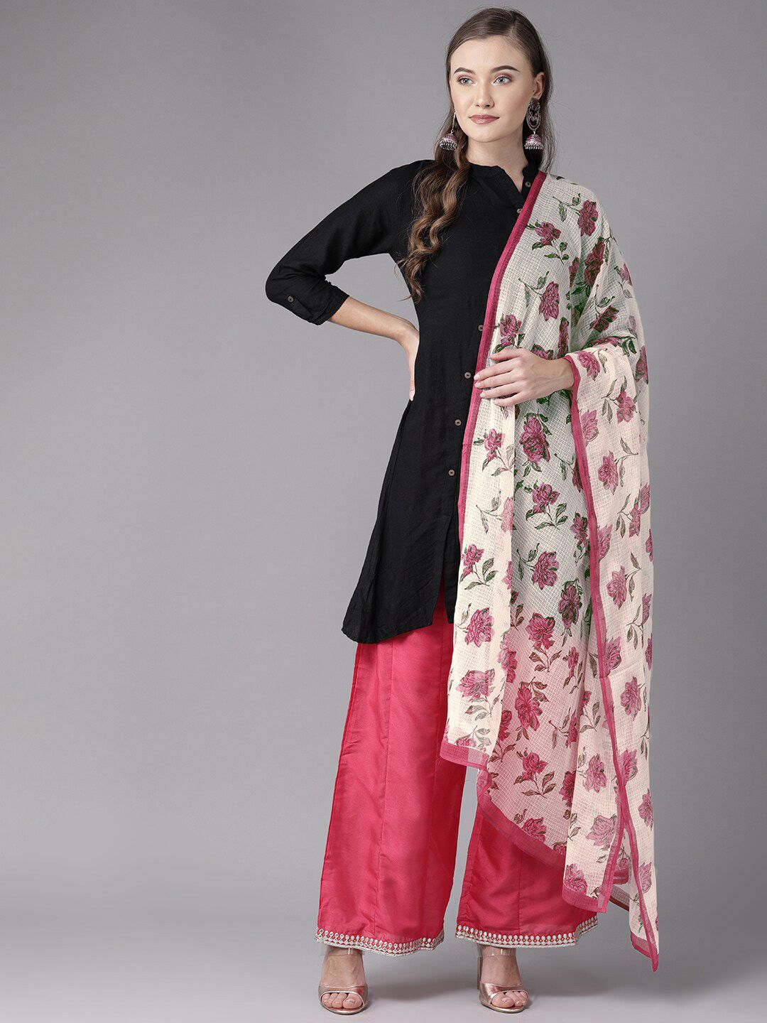 anayna Pink & Beige Ethnic Motifs Printed Block Print Dupatta Price in India