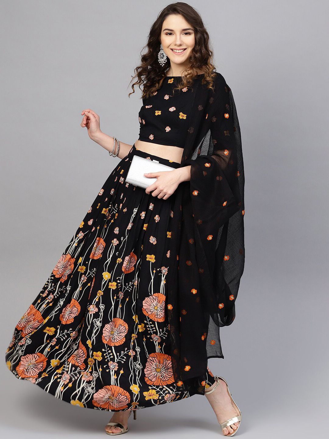 anayna Black & Orange Embroidered Dupatta with Thread Work Price in India