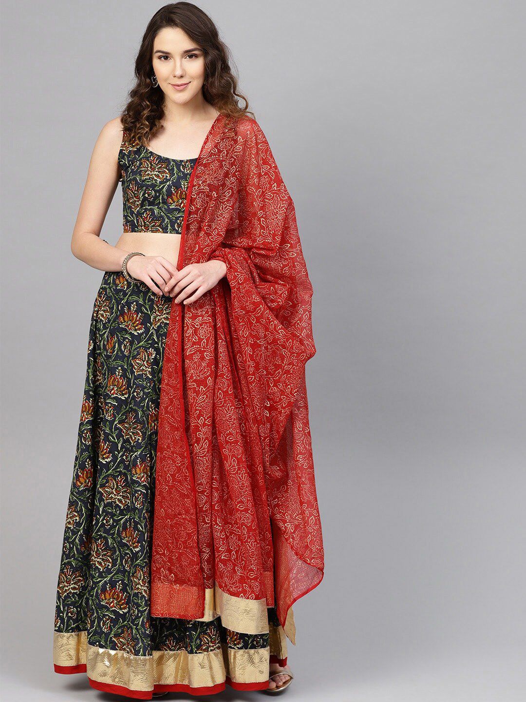 anayna Maroon & Gold-Toned Ethnic Motifs Printed Block Print Dupatta Price in India