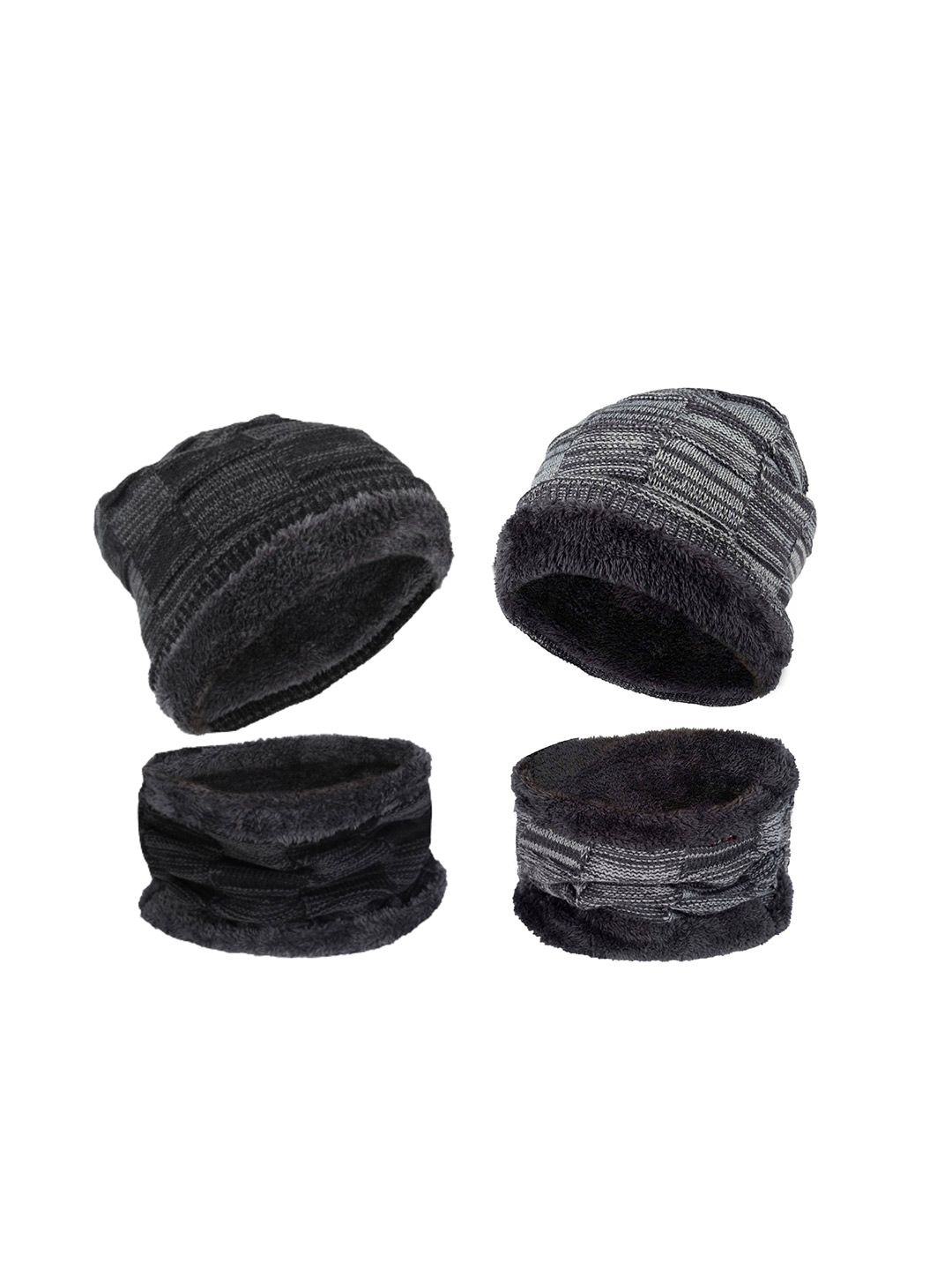 FabSeasons Pack of 2 Unisex Black & Grey Beanie & Muffle with Faux Fur Lining Price in India