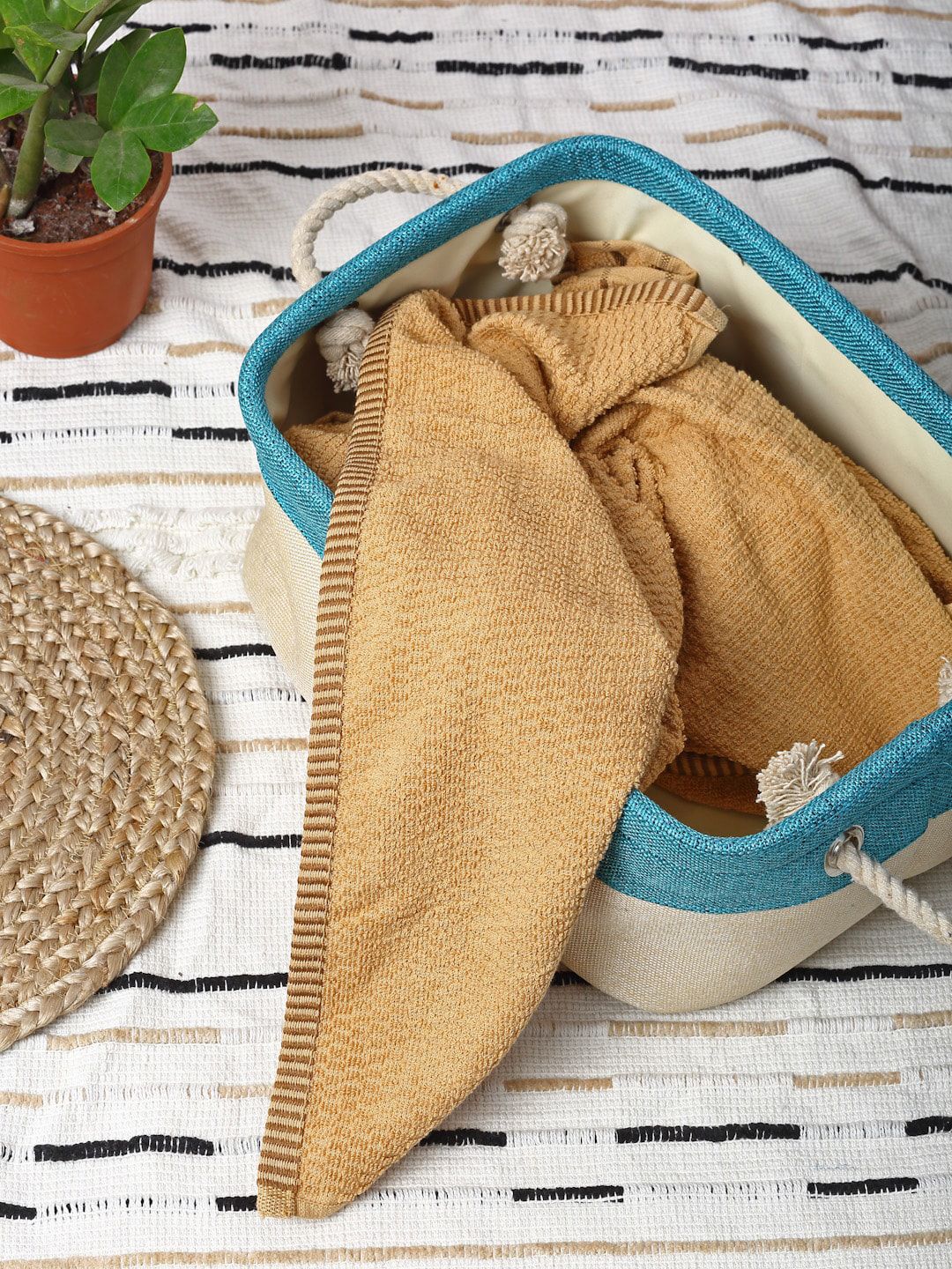 HOSTA HOMES Set Of 3 Blue & Beige Solid Eco-Friendly Cotton Organiser Baskets Price in India