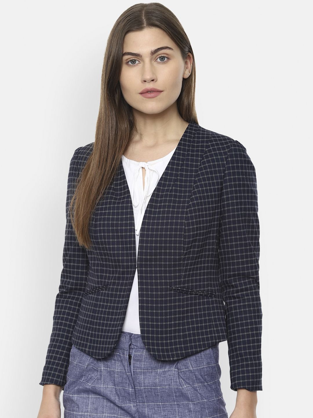 Van Heusen Woman Women Navy Blue Checked Casual Blazer Price in India