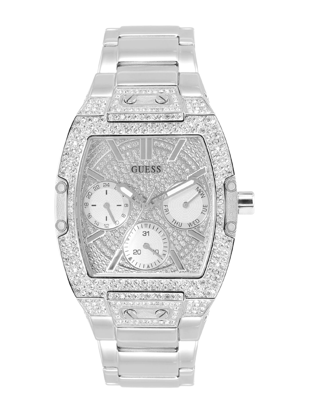 GUESS Women Silver-Toned Embellished Dial & Bracelet Style Straps Analogue Watch GW0104L1 Price in India