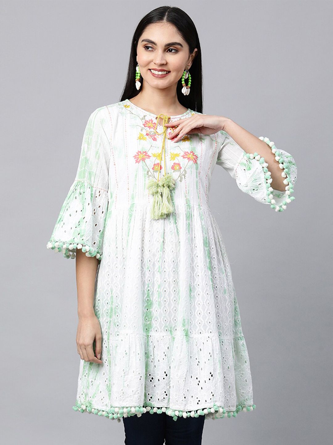 FASHOR Women White & Green Embroidered Woven Design Pure Cotton Tiered Kurti Price in India