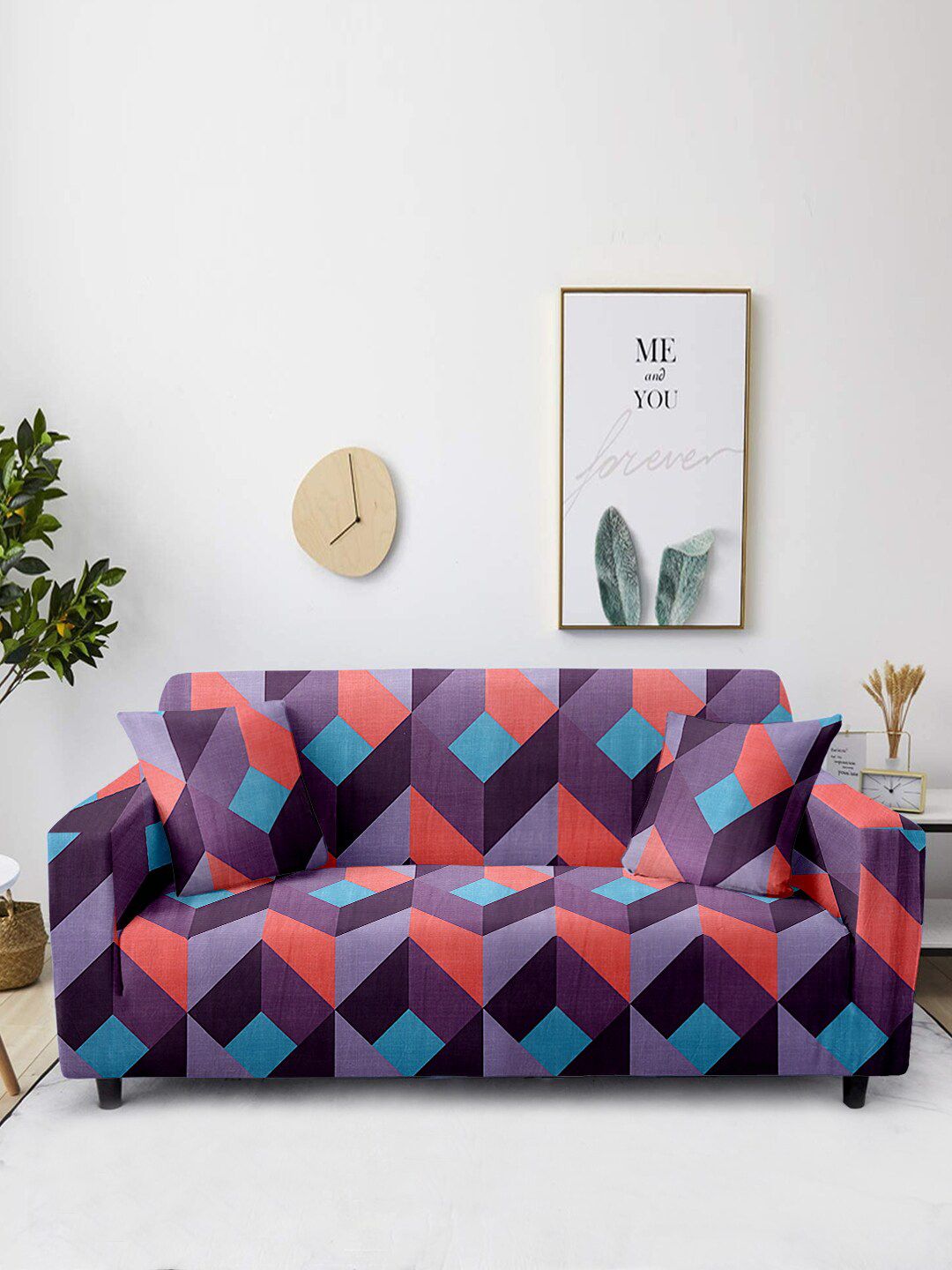 Aura Pink & Purple Geometric Printed 2 Seater Sofa Cover Price in India