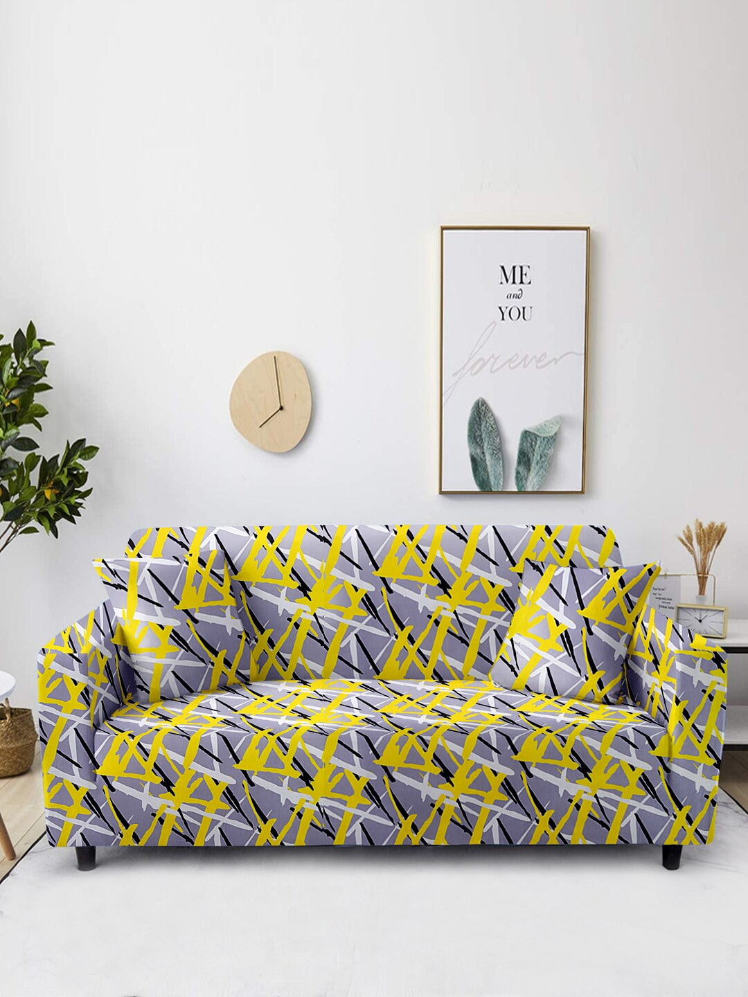 Aura Yellow & Grey Printed 2-Seater Sofa Cover Price in India