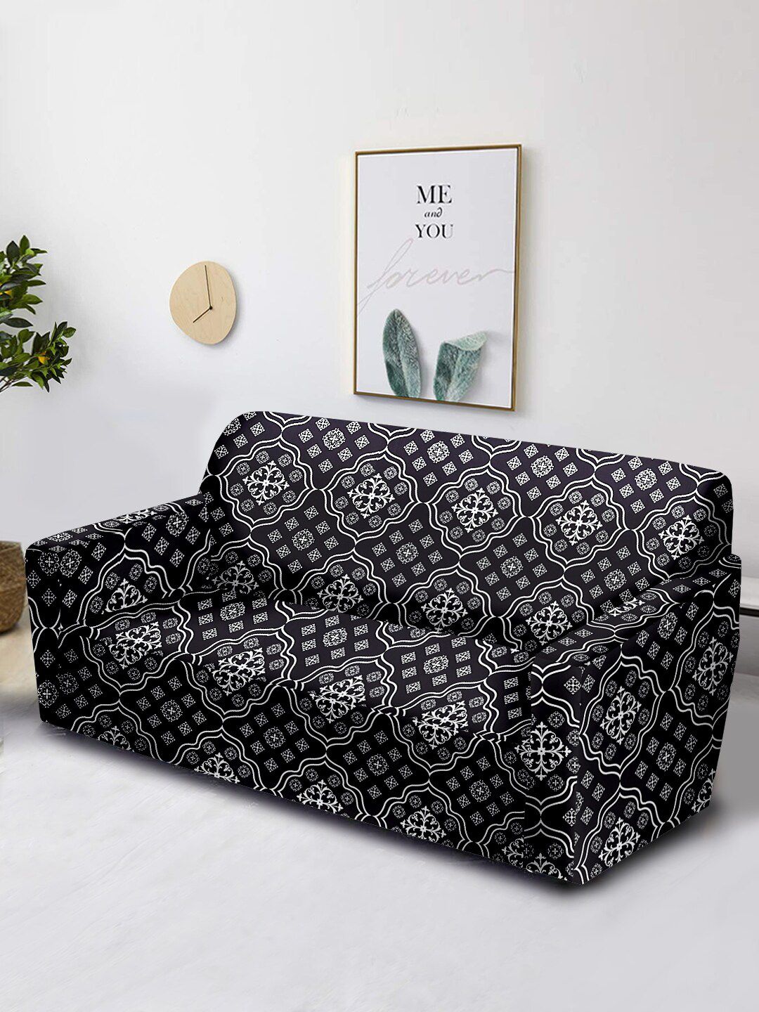 Aura Black & White Printed 3-Seater Non-Slip Stretchable Sofa Cover Price in India