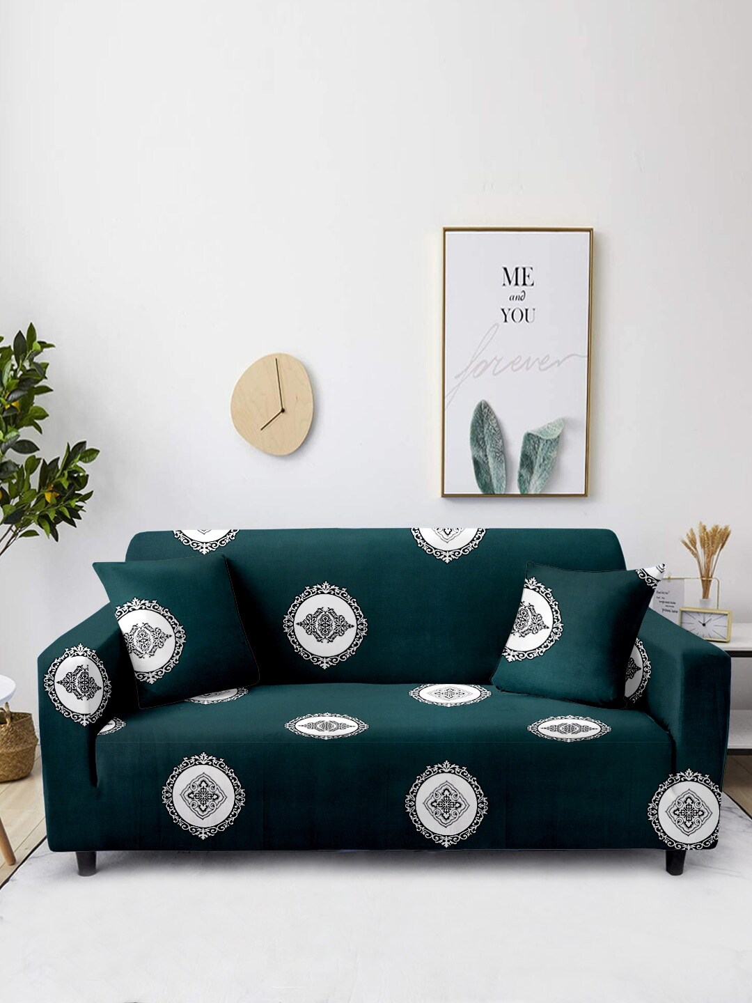 Aura Green & White Printed 3-Seater Non-Slip Sofa Cover Price in India