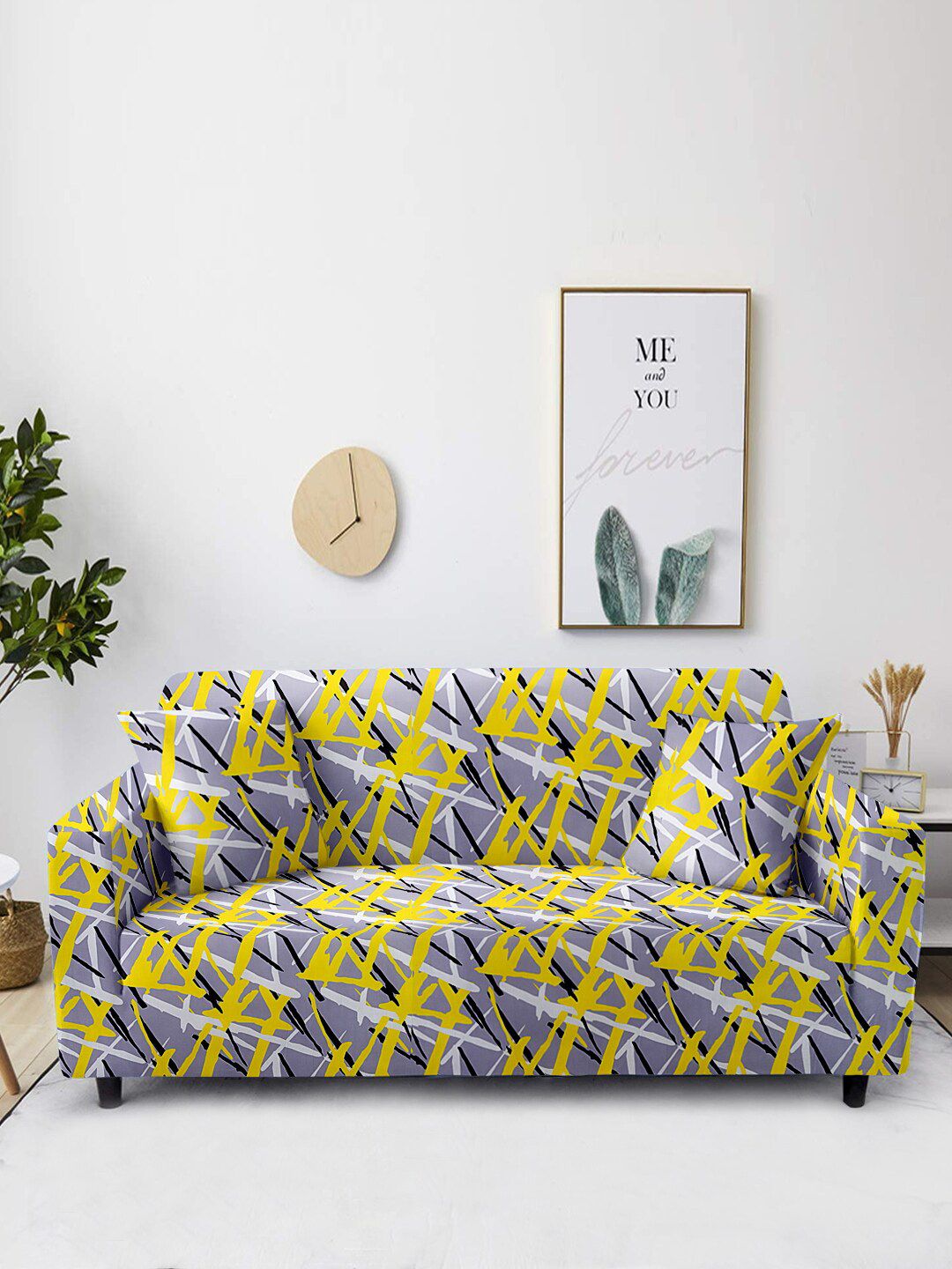 Aura Grey & Yellow Printed 3-Seater Non-Slip Stretchable Sofa Cover Price in India