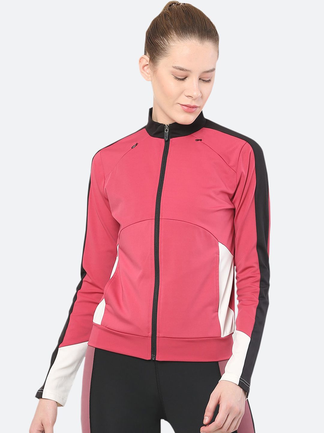 FITLEASURE Women Pink & White Short Active Training Sporty Jacket Price in India