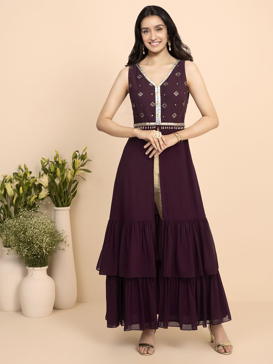 INDYA for Shraddha Kapoor Women Purple & Gold-Toned Embellished Ruffled High Slit Kurta Price in India