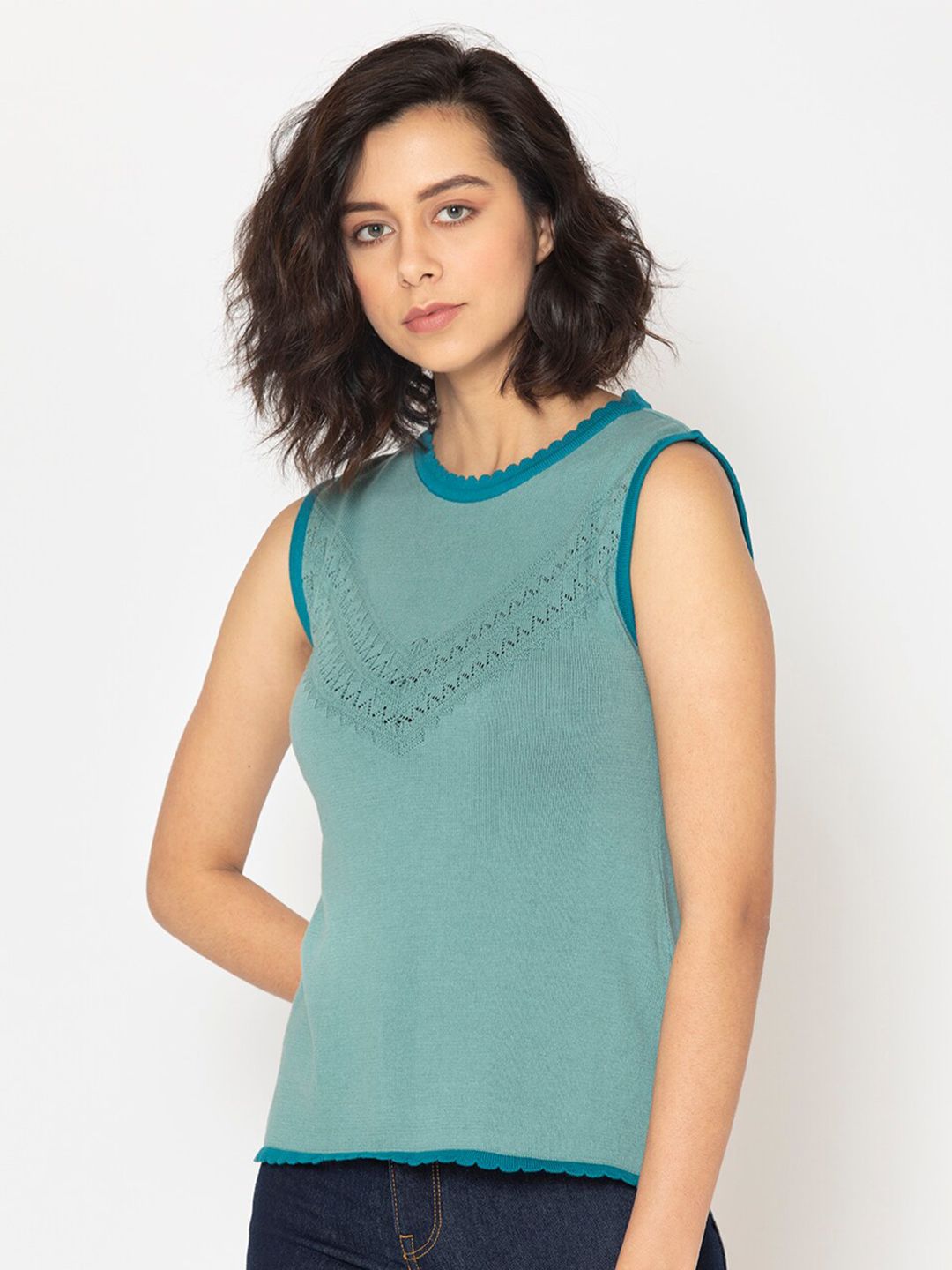 SHAYE Women Blue Cotton Sweater Vest Price in India