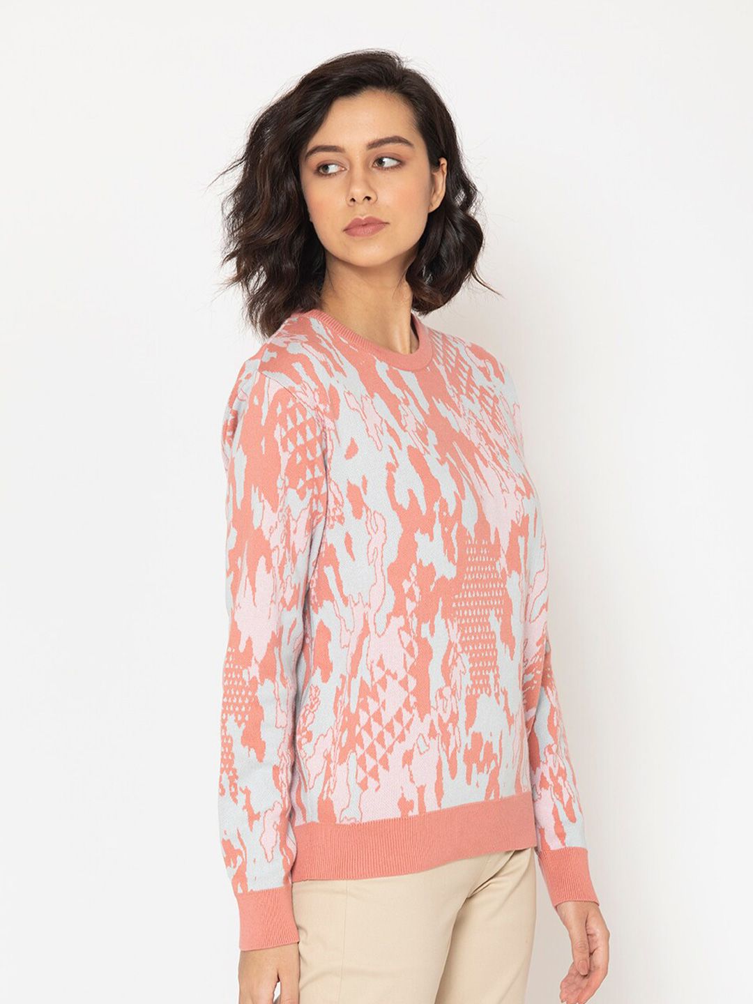 SHAYE Women Peach-Coloured & White Pure Cotton Printed Pullover Price in India