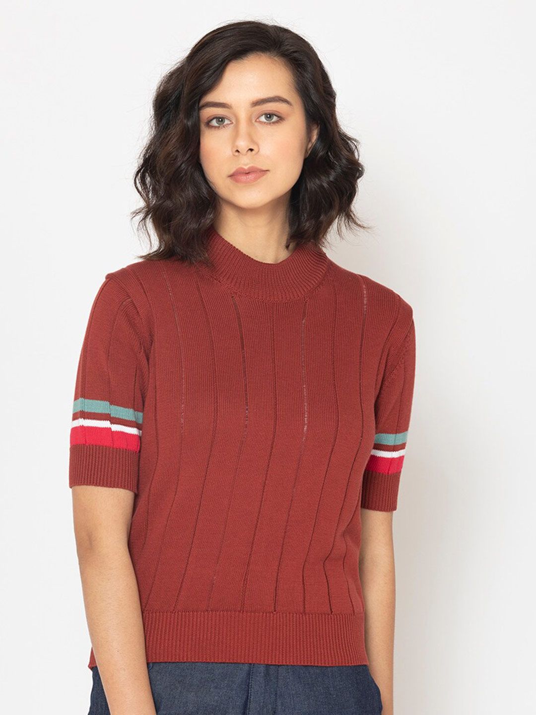 SHAYE Women Rust Brown Striped Pure Cotton Pullover Price in India