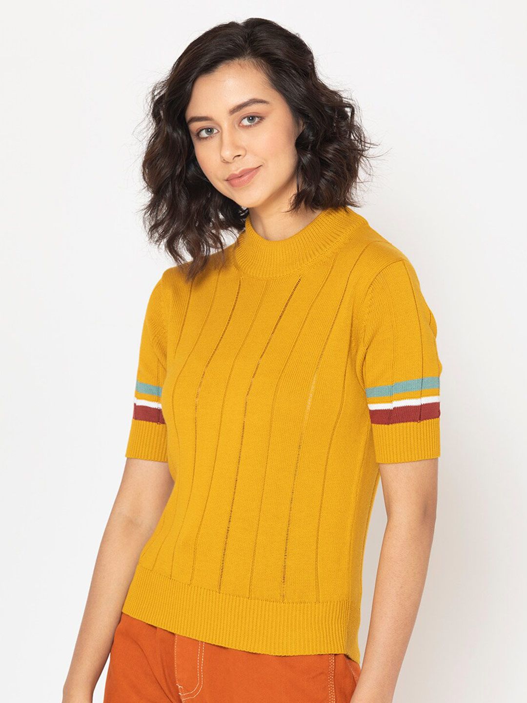 SHAYE Women Mustard Yellow Striped Pure Cotton Pullover Price in India