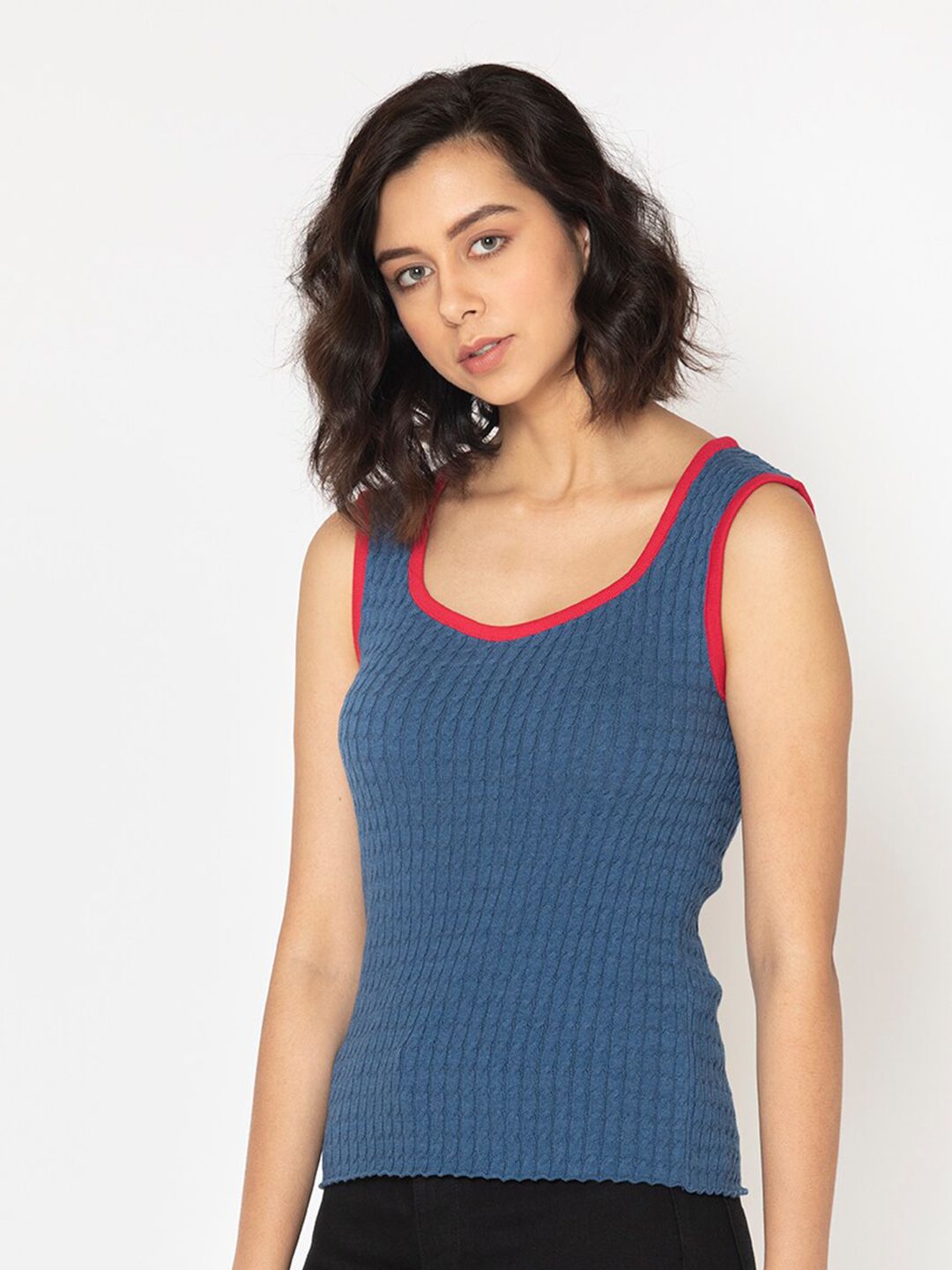 SHAYE Women Navy Blue & Red Cable Knit Sweater Vest Price in India