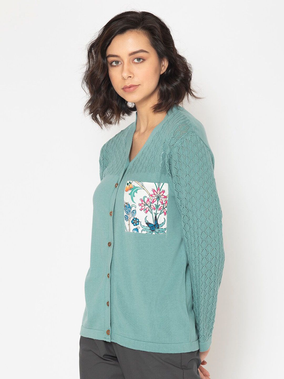 SHAYE Women Sea Green Self Design Pure Cotton Cardigan Price in India