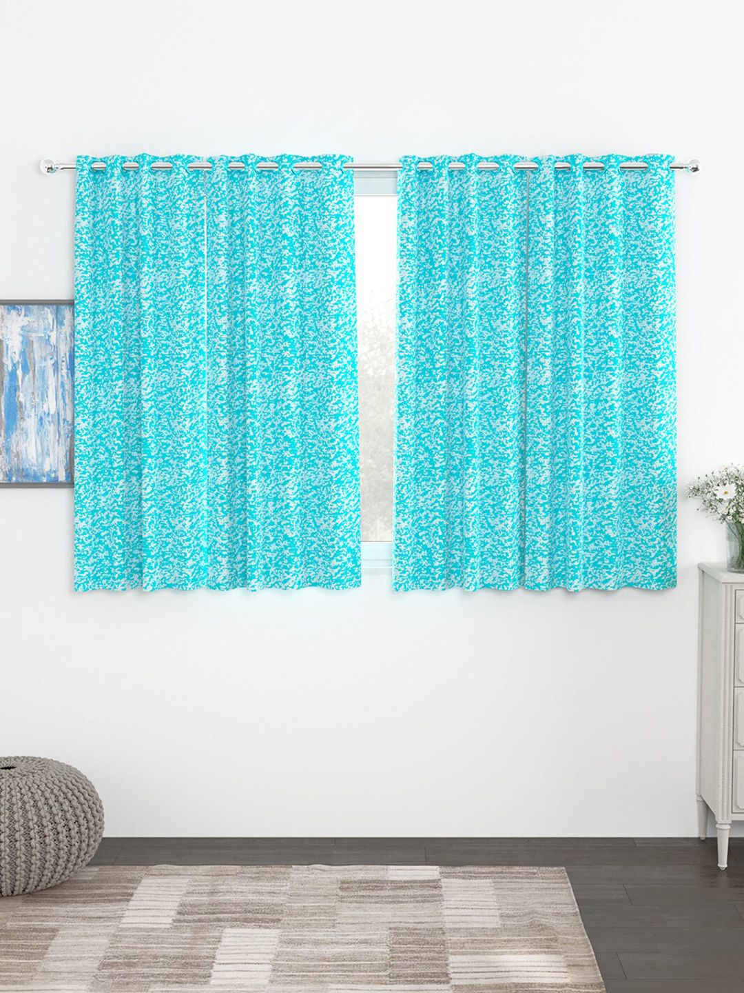 Story@home Turquoise Blue & White Set of 4 Black Out Jacquard Window Curtains Price in India