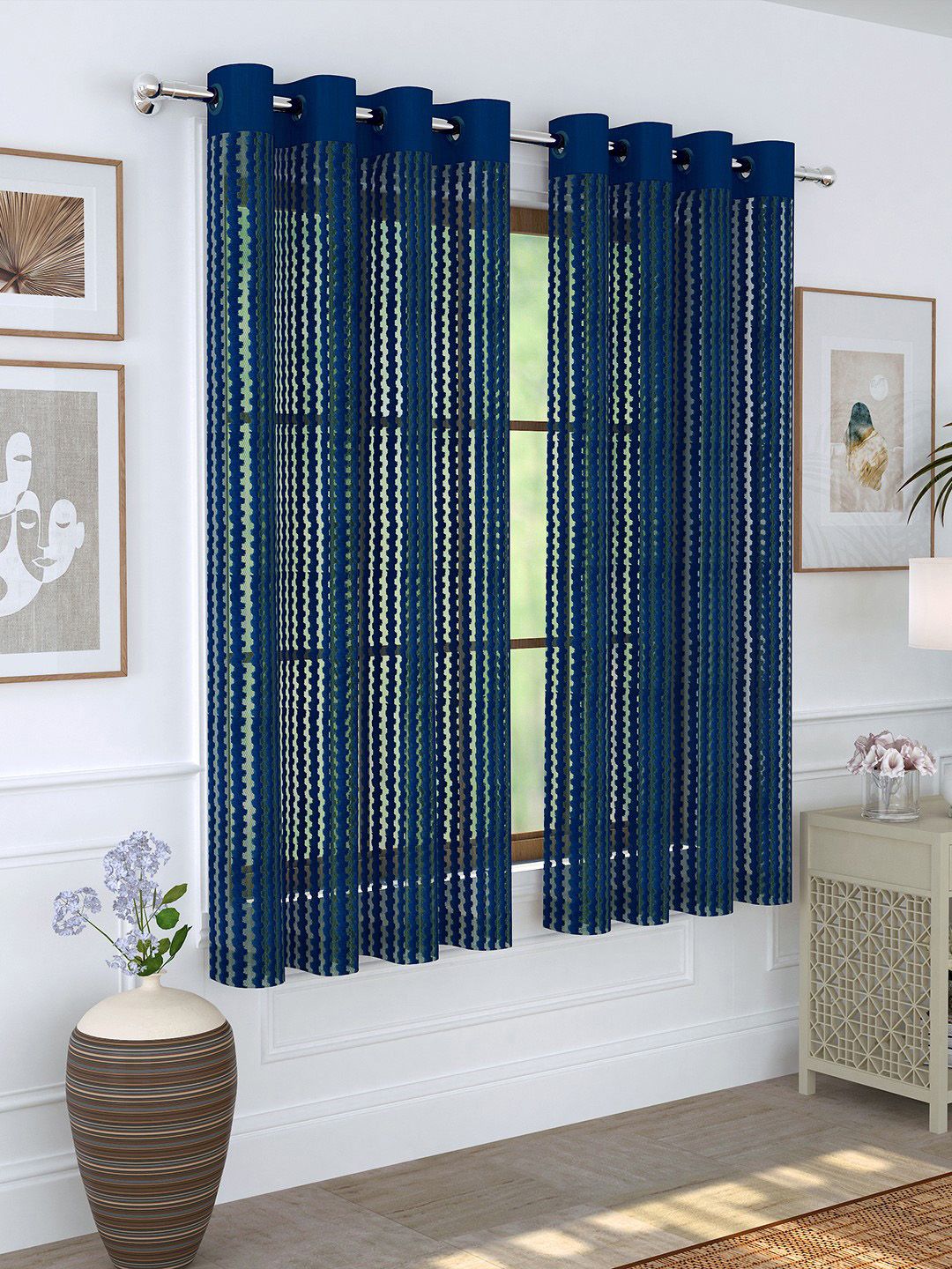 Story@home Navy Blue Set of 2 Striped Sheer Window Curtains Price in India