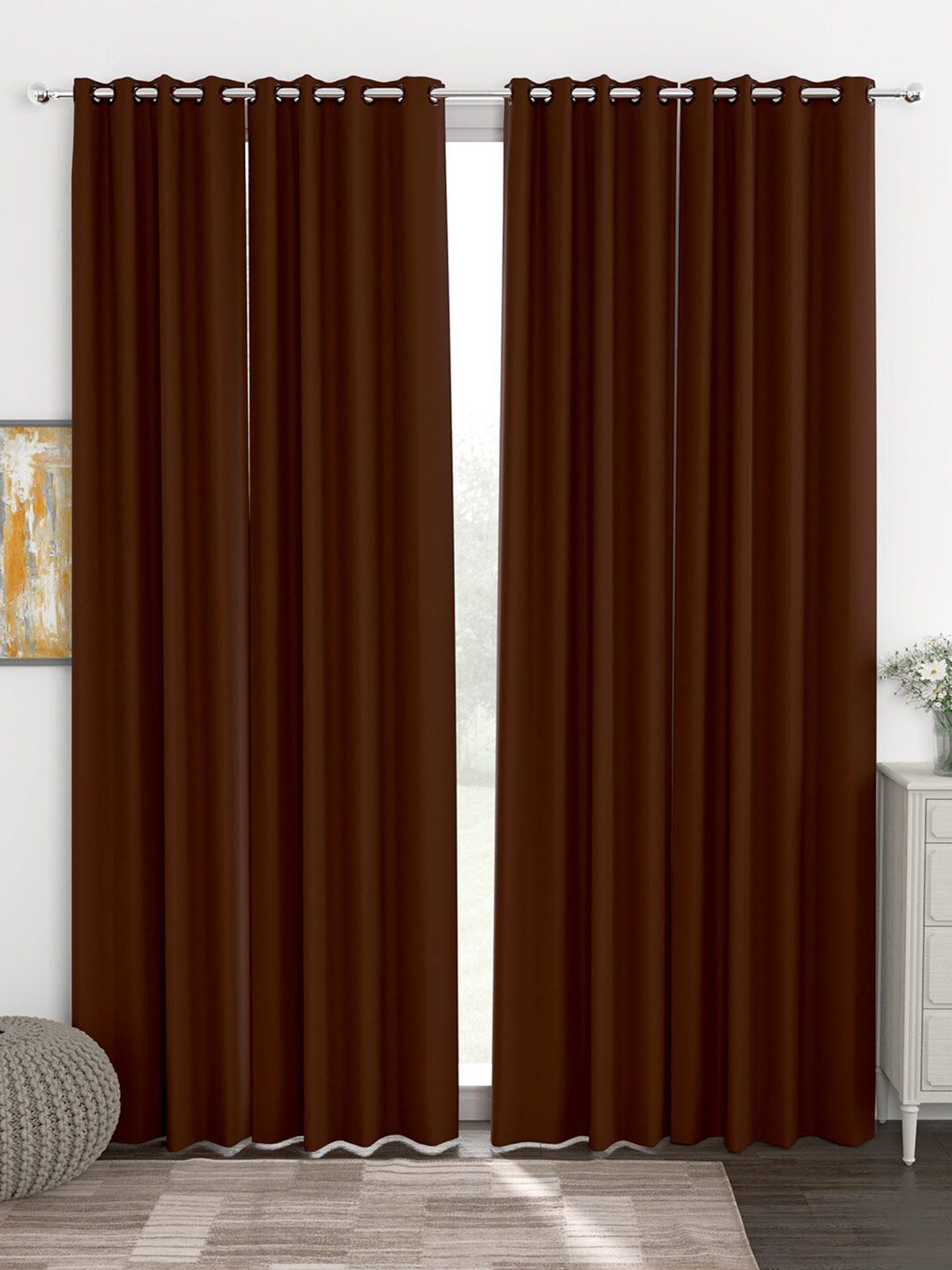 Story@home Brown Set of 4 Black Out Silk Long Door Curtains Price in India