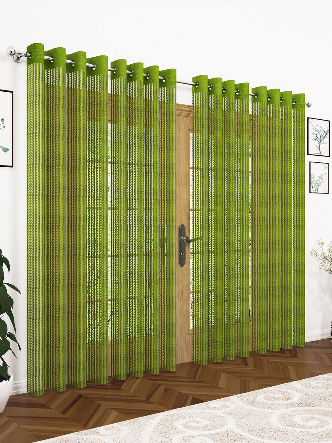 Story@home Green Set of 4 Striped Sheer Long Door Curtain Price in India
