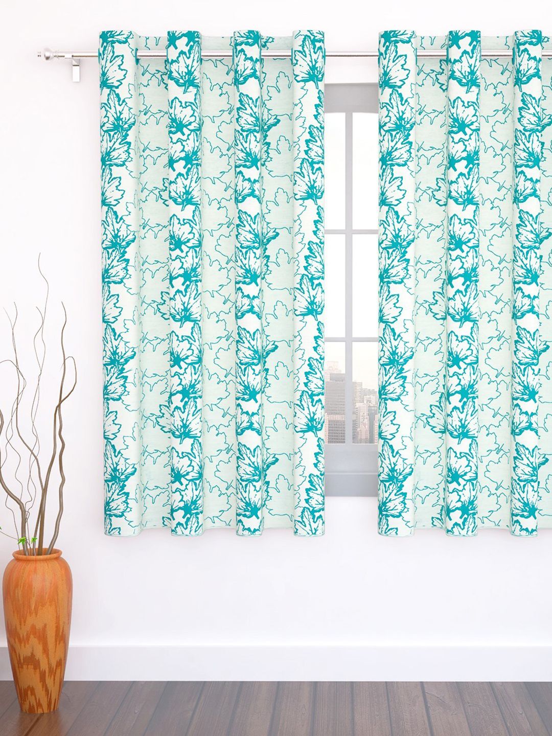 Story@home White & Turquoise Blue Floral Window Curtain Price in India