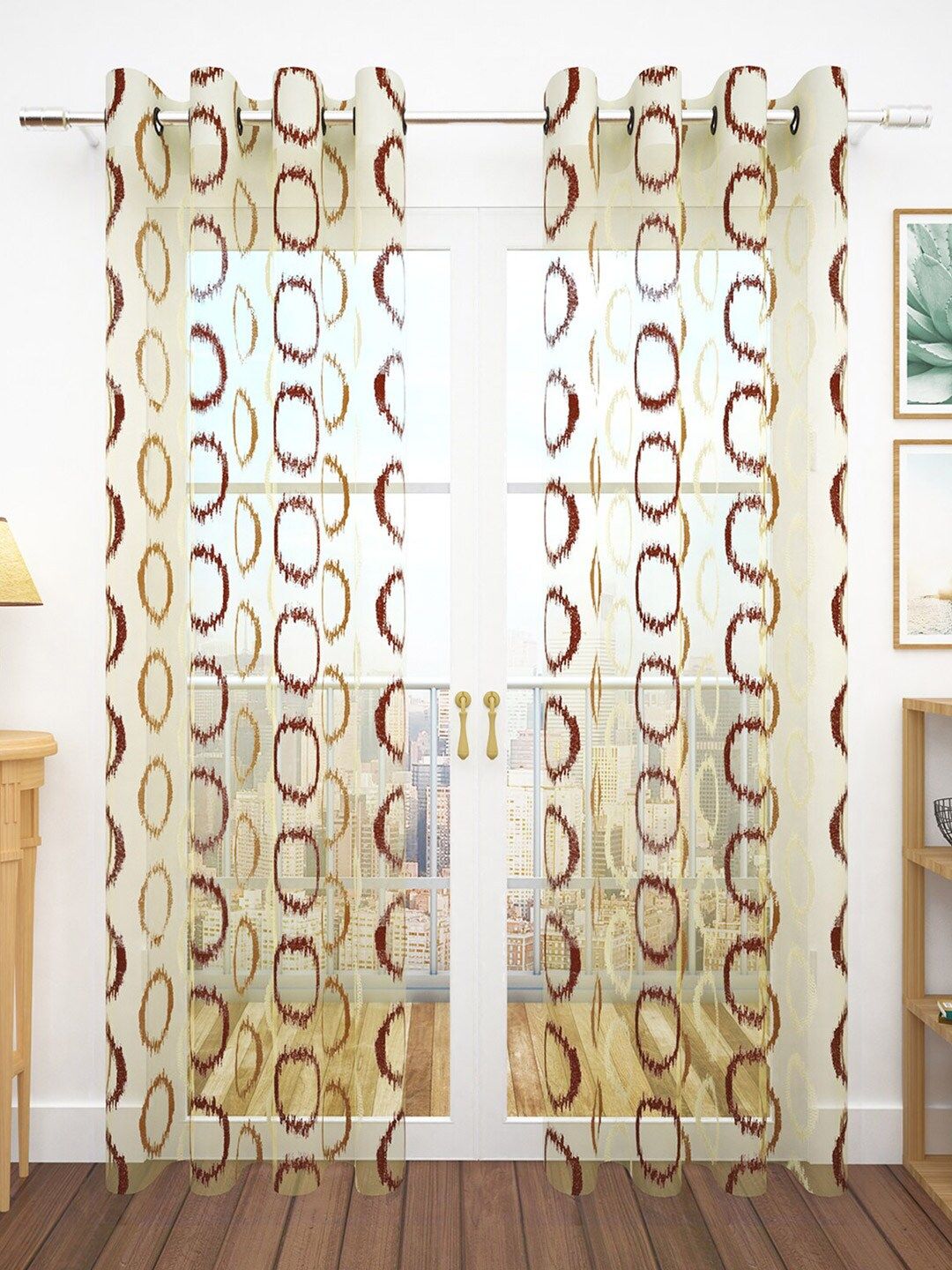Story@home Coffee Brown & Cream-Coloured Set of 2 Geometric Sheer Door Curtain Price in India
