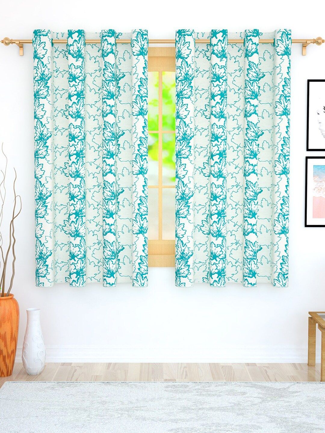 Story@home Turquoise Blue & White Set of 2 Floral Window Curtain Price in India